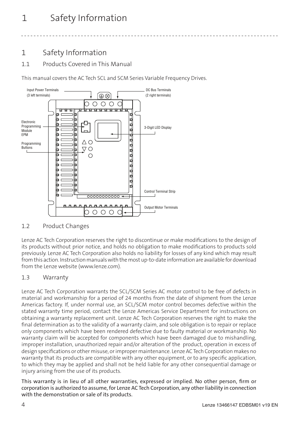 1safety information, 1 products covered in this manual, 2 product changes | 3 warranty | Lenze SL User Manual | Page 4 / 52