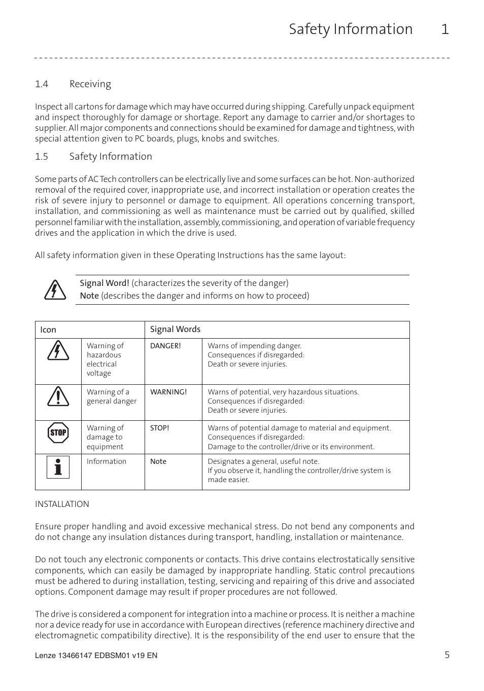 Safety information 1 | Lenze SL User Manual | Page 5 / 52