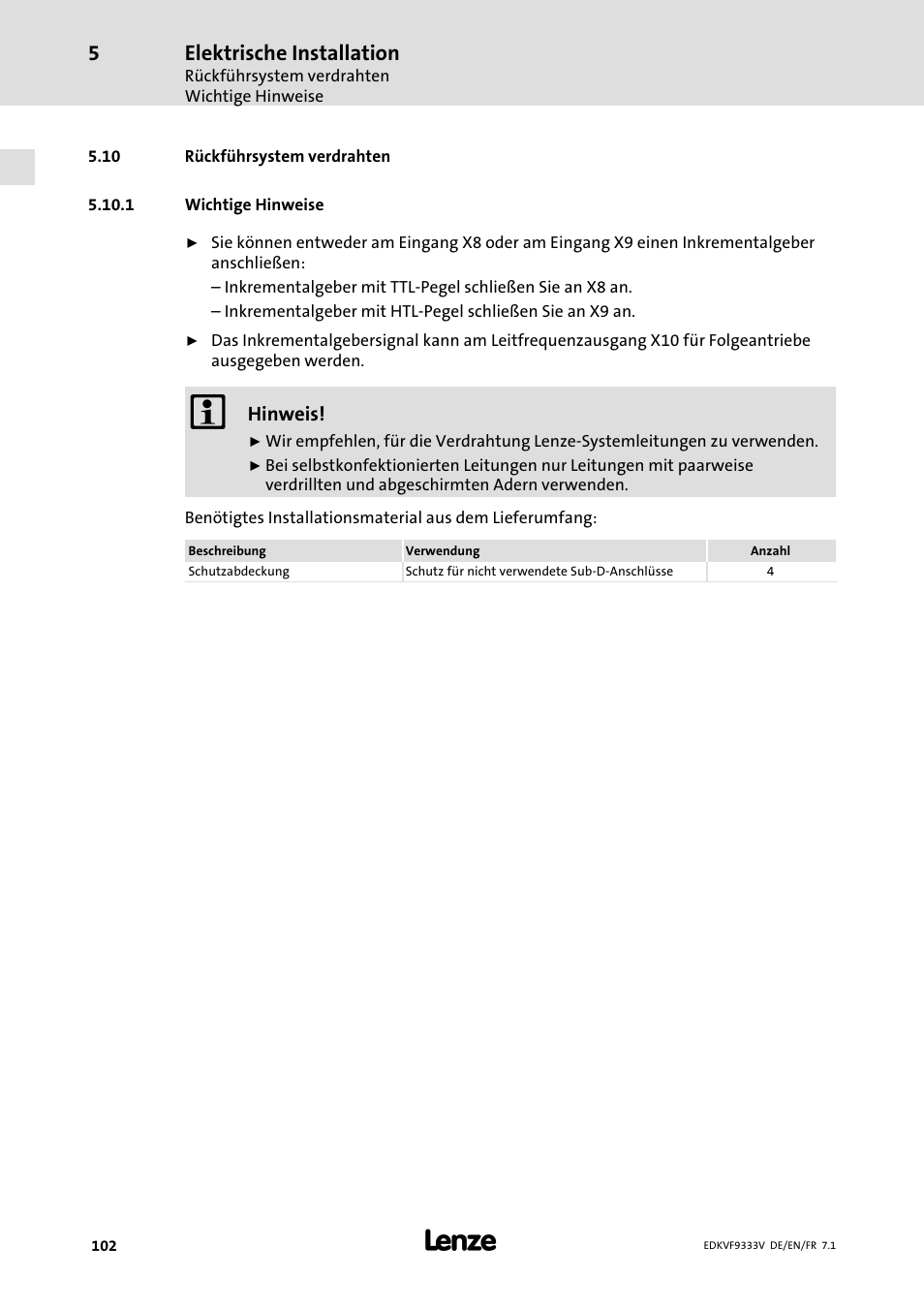 Rückführsystem verdrahten, Wichtige hinweise, 10 rückführsystem verdrahten | Elektrische installation | Lenze EVF9333 User Manual | Page 102 / 324