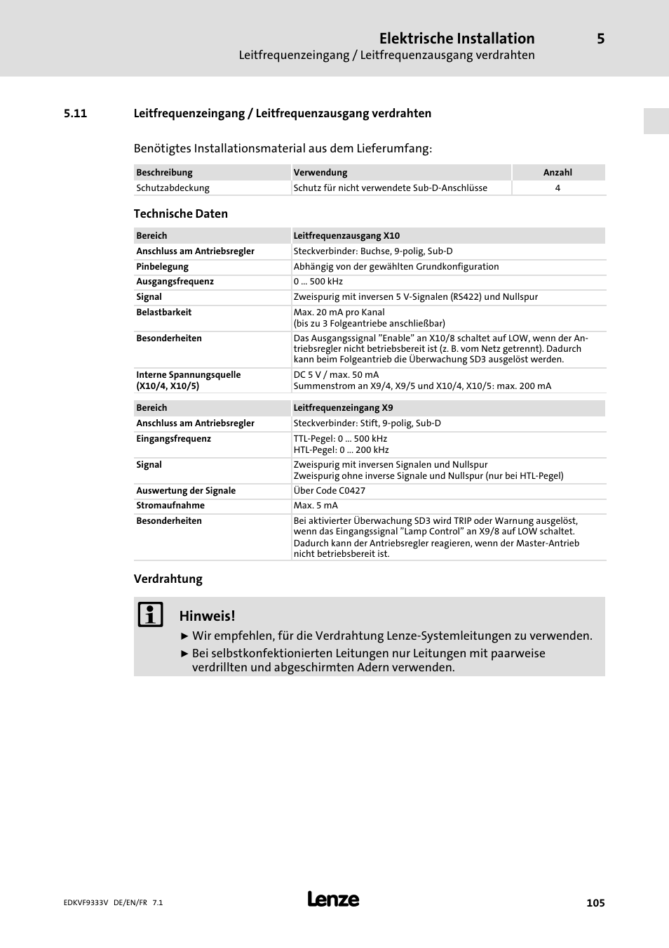 Elektrische installation, Hinweis | Lenze EVF9333 User Manual | Page 105 / 324