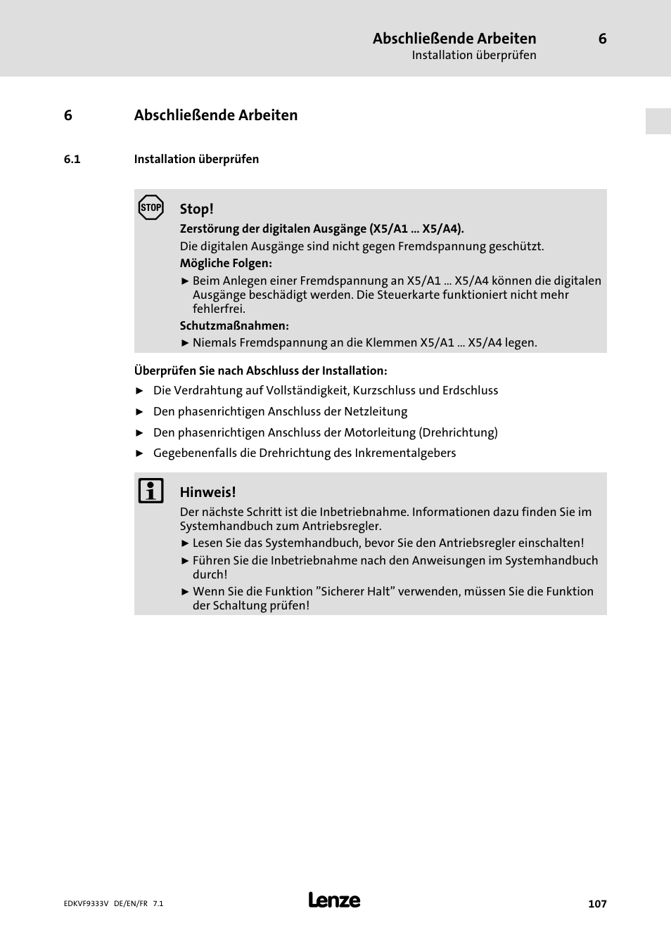 Abschließende arbeiten, Installation überprüfen | Lenze EVF9333 User Manual | Page 107 / 324