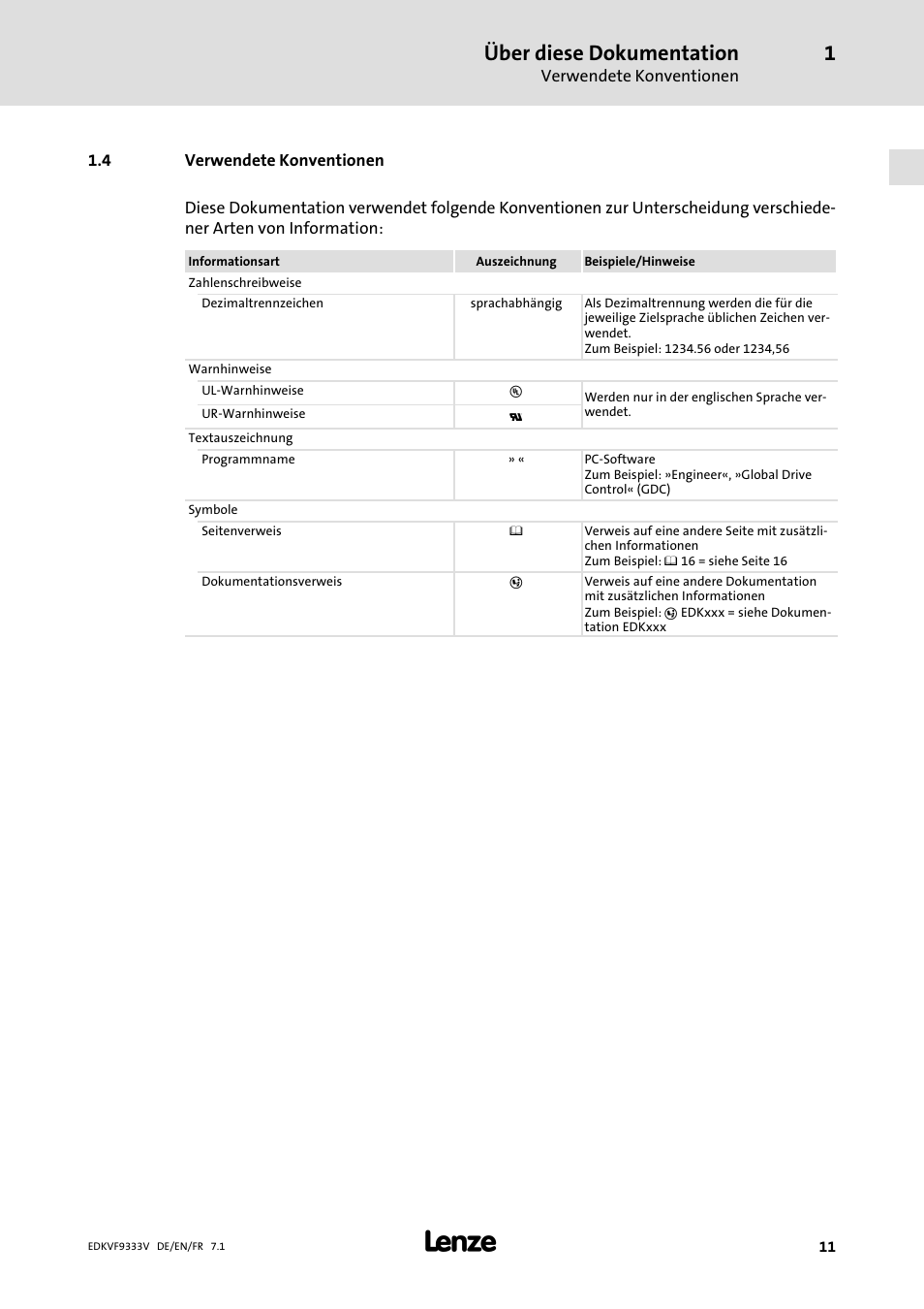 Verwendete konventionen, Über diese dokumentation | Lenze EVF9333 User Manual | Page 11 / 324