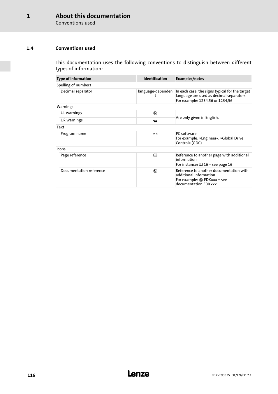 Conventions used, About this documentation | Lenze EVF9333 User Manual | Page 116 / 324