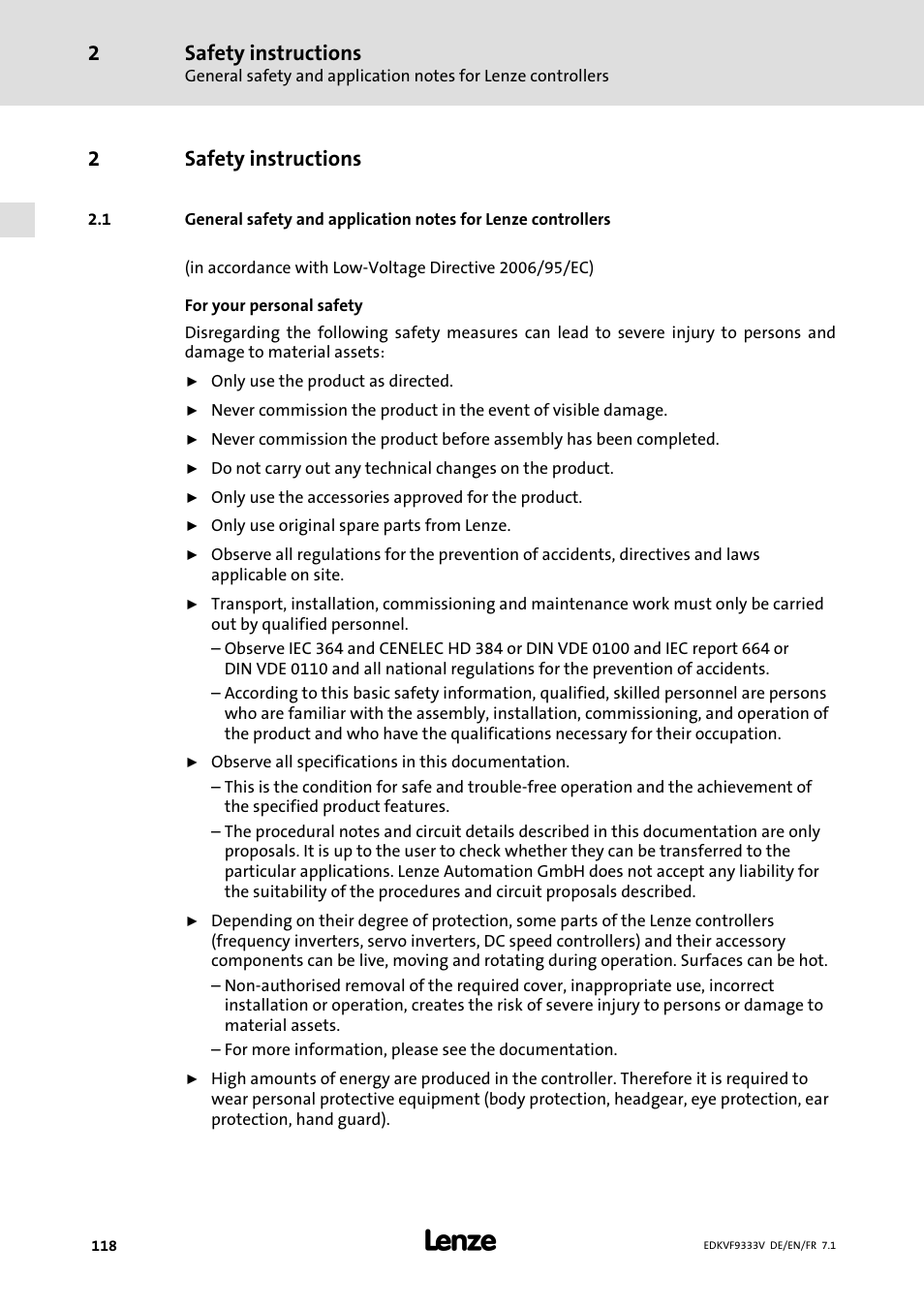 Safety instructions, 2safety instructions | Lenze EVF9333 User Manual | Page 118 / 324