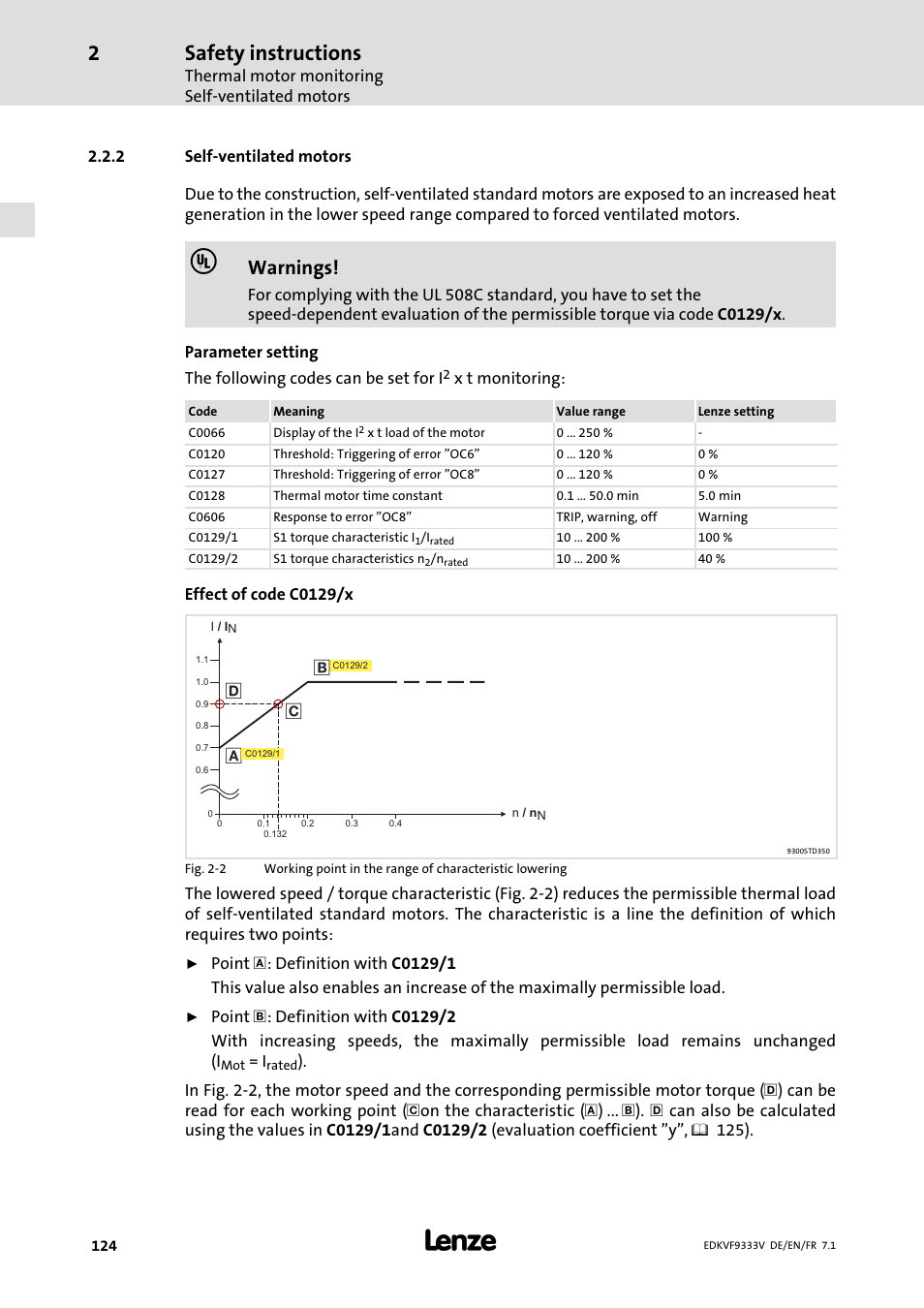 Self-ventilated motors, Self−ventilated motors, Safety instructions | Warnings | Lenze EVF9333 User Manual | Page 124 / 324