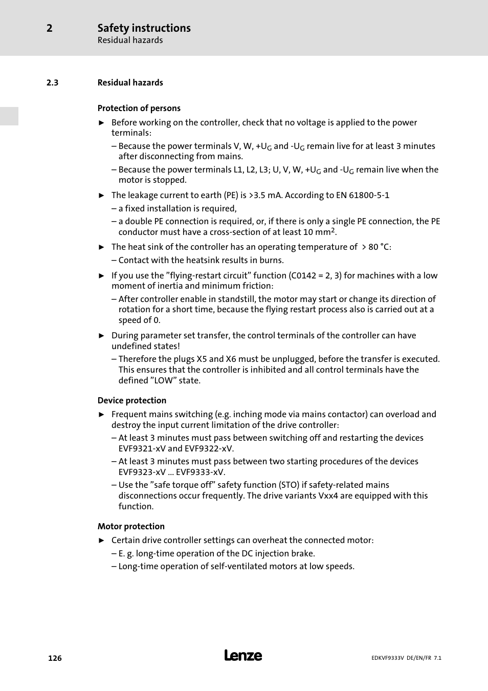 Residual hazards, Safety instructions | Lenze EVF9333 User Manual | Page 126 / 324