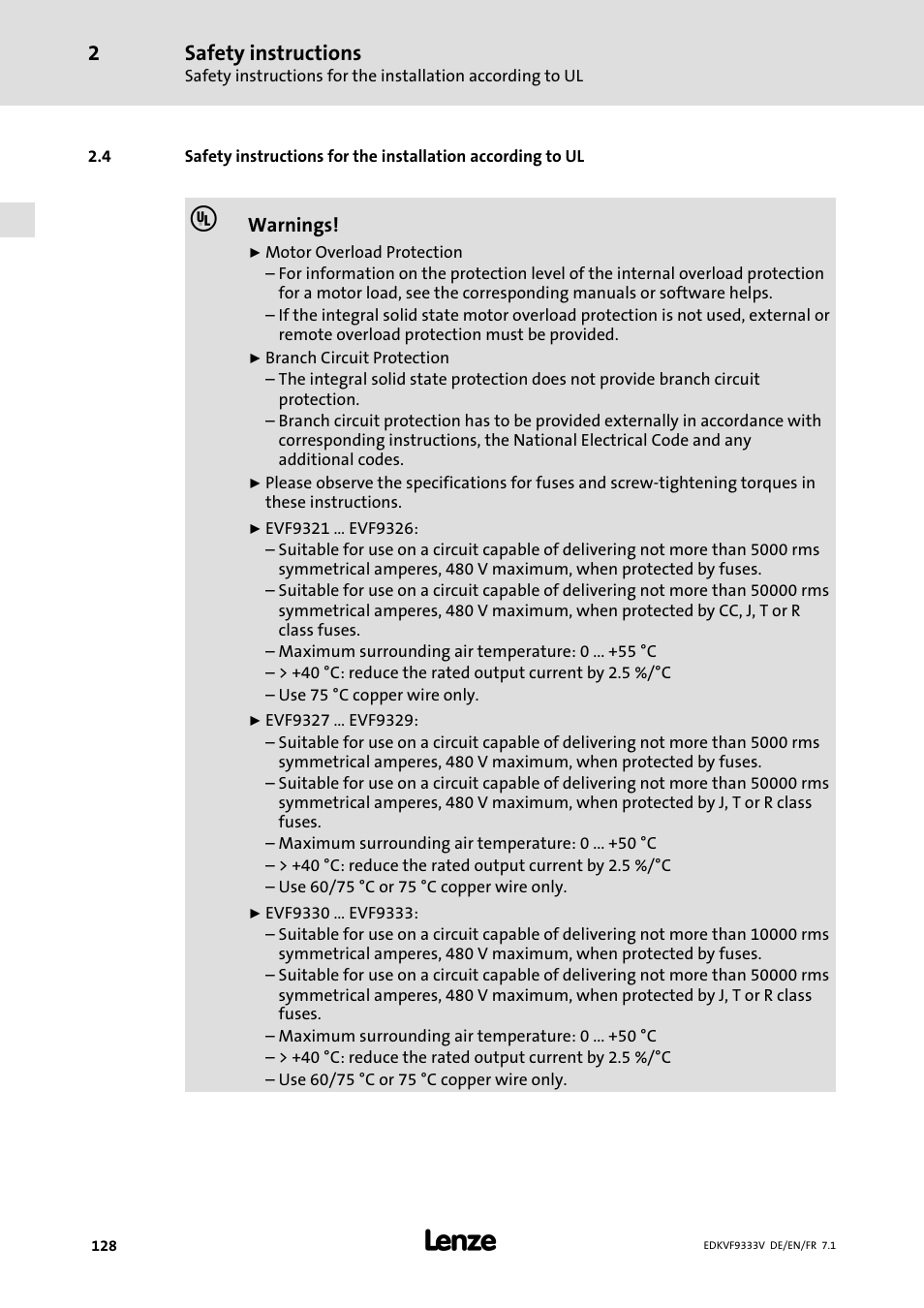Safety instructions | Lenze EVF9333 User Manual | Page 128 / 324