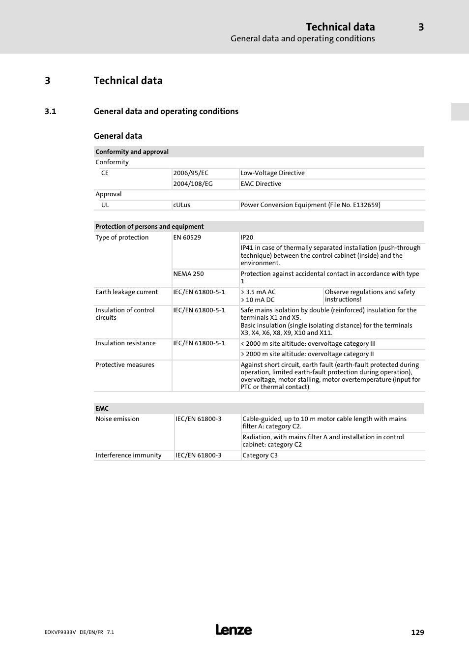 Technical data, General data and operating conditions, 3technical data | Lenze EVF9333 User Manual | Page 129 / 324