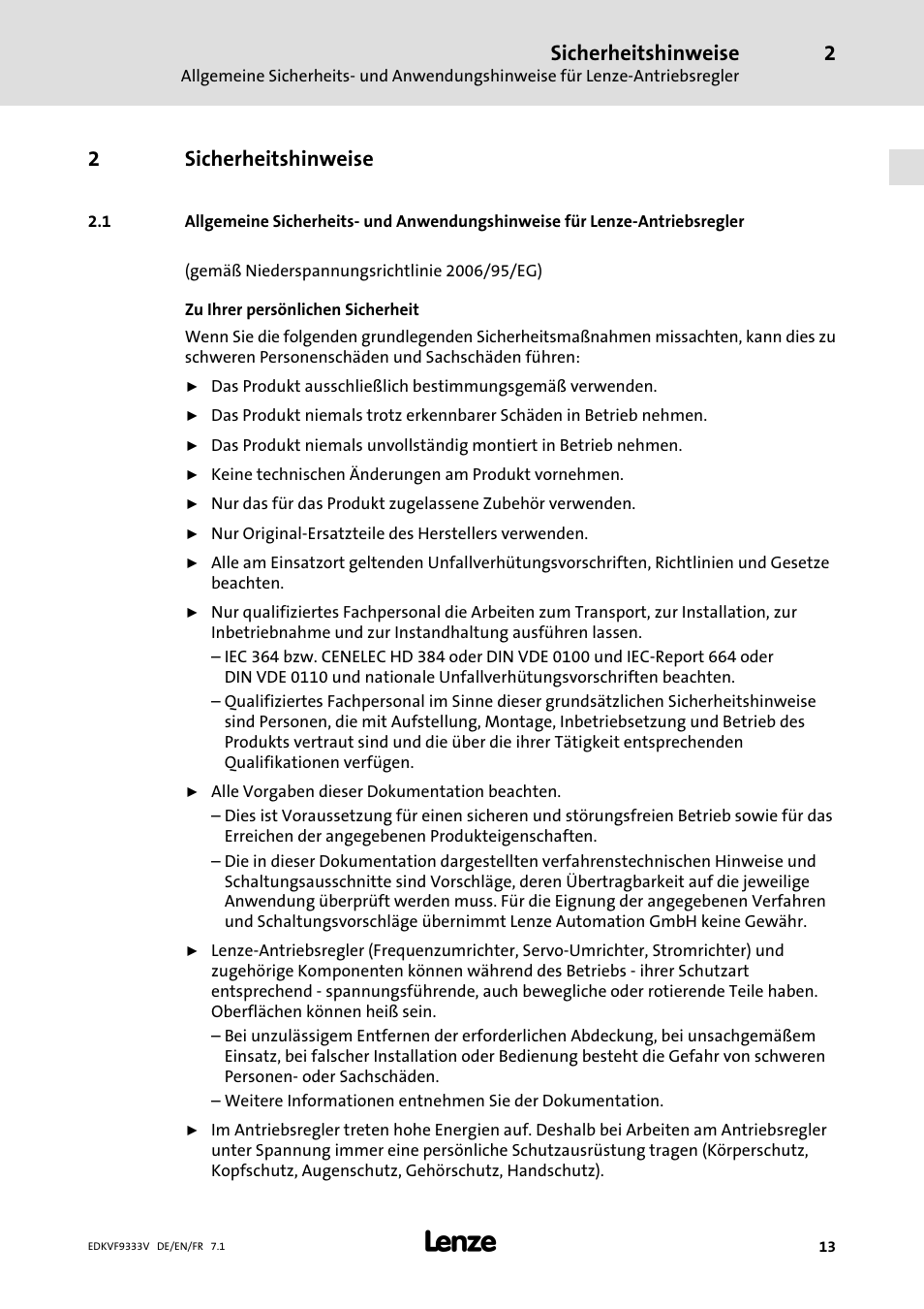 Sicherheitshinweise, 2sicherheitshinweise | Lenze EVF9333 User Manual | Page 13 / 324