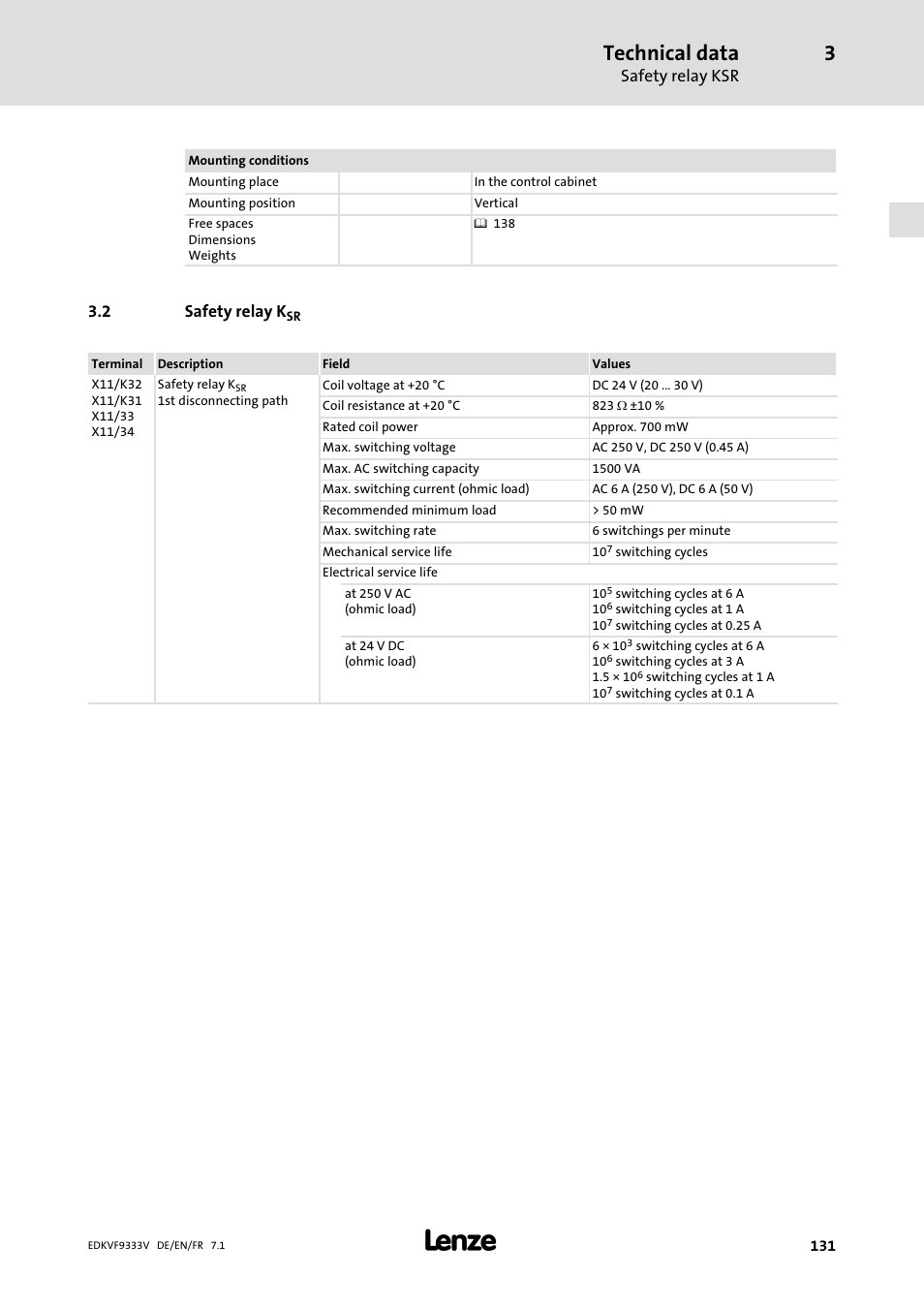 Safety relay ksr, Technical data | Lenze EVF9333 User Manual | Page 131 / 324