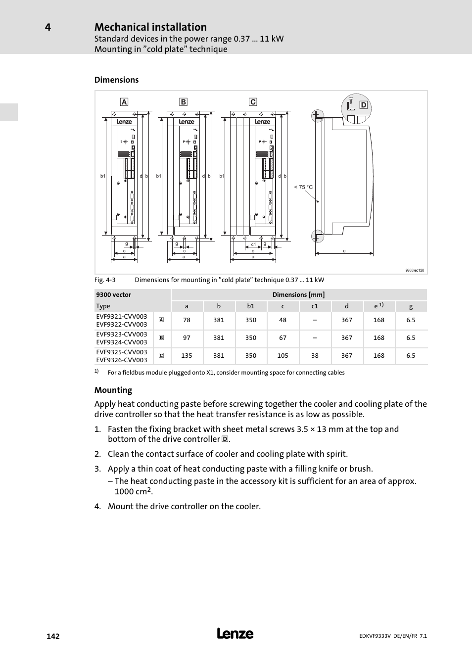 Mechanical installation | Lenze EVF9333 User Manual | Page 142 / 324