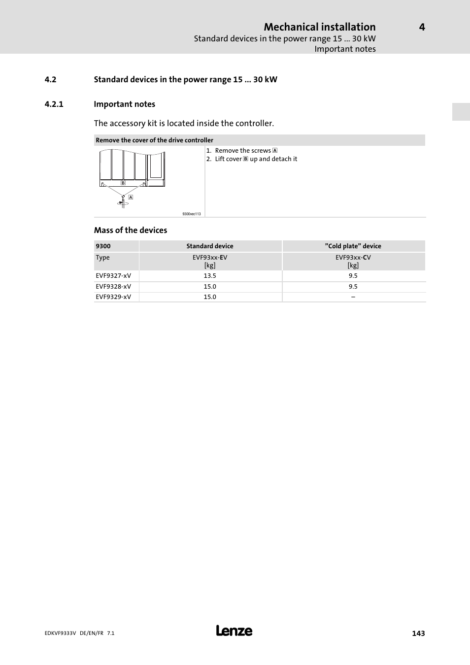 Standard devices in the power range 15 kw, Important notes, Mechanical installation | Lenze EVF9333 User Manual | Page 143 / 324