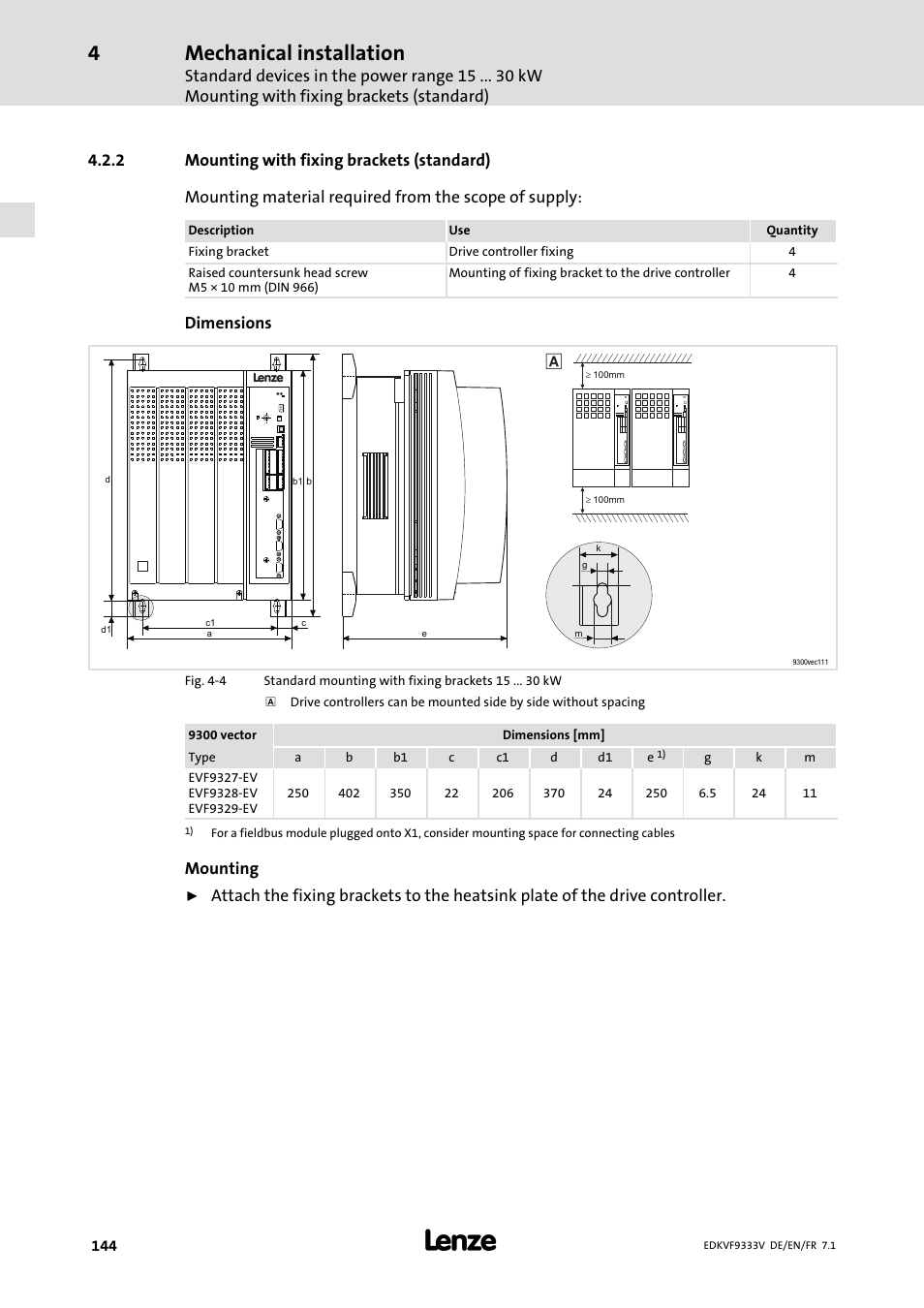 Mounting with fixing brackets (standard), Mechanical installation, Dimensions | Mounting | Lenze EVF9333 User Manual | Page 144 / 324