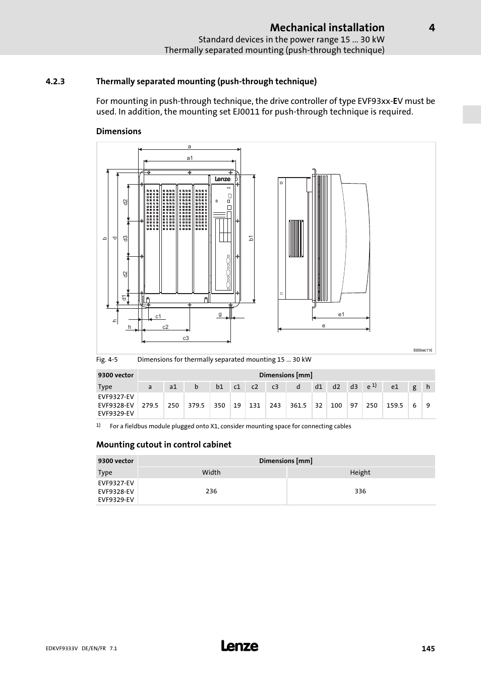 Mechanical installation | Lenze EVF9333 User Manual | Page 145 / 324