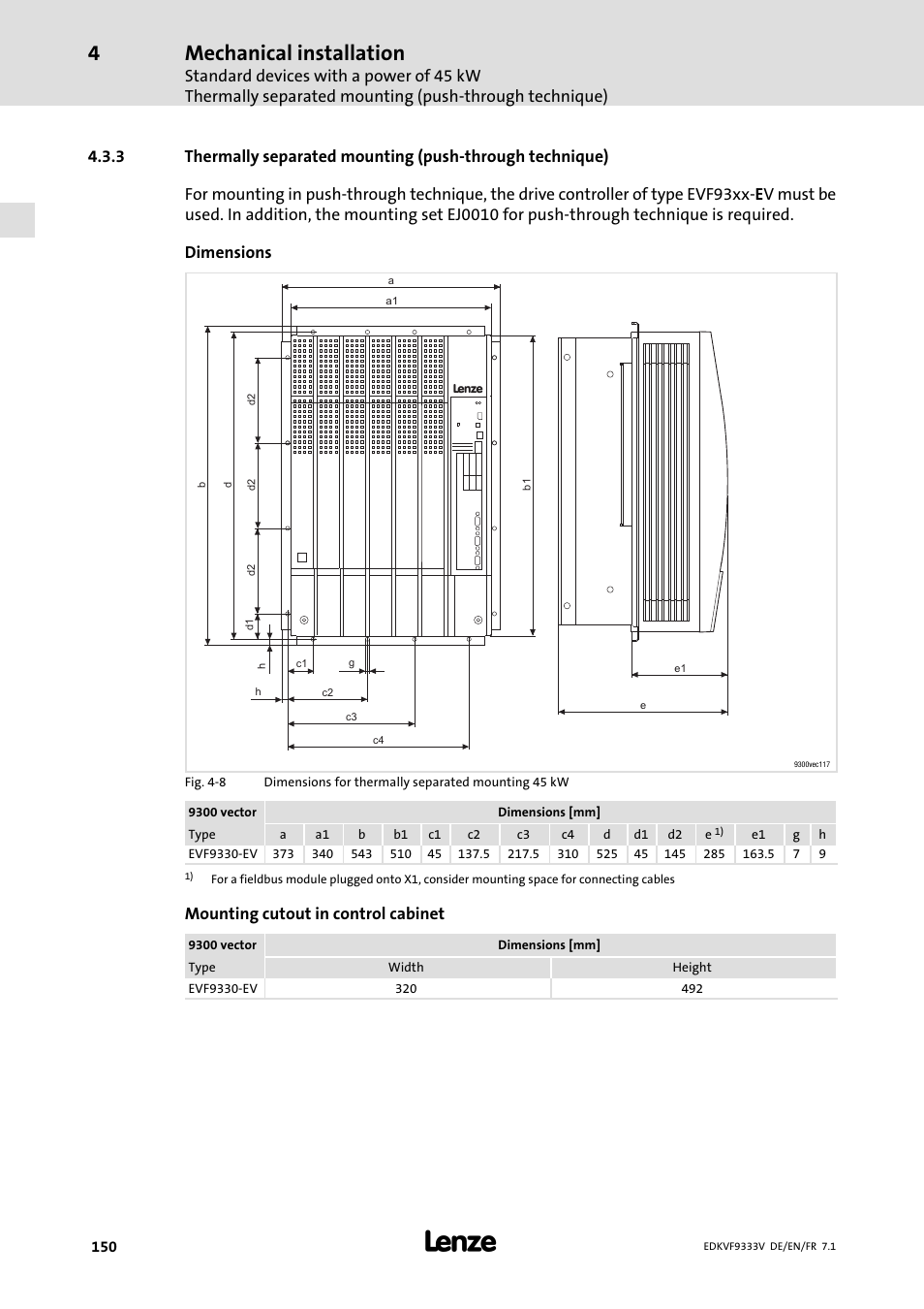 Mechanical installation, Mounting cutout in control cabinet | Lenze EVF9333 User Manual | Page 150 / 324