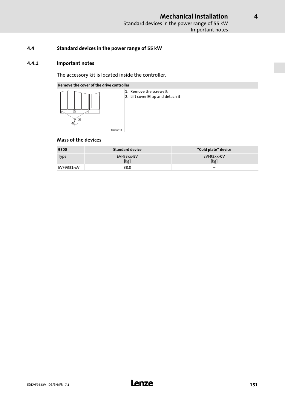 Standard devices in the power range of 55 kw, Important notes, Mechanical installation | Lenze EVF9333 User Manual | Page 151 / 324