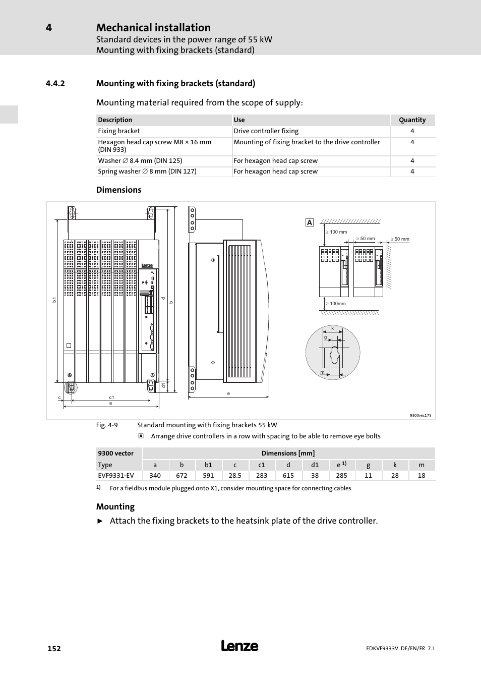 Mounting with fixing brackets (standard), Mechanical installation, Dimensions | Mounting | Lenze EVF9333 User Manual | Page 152 / 324