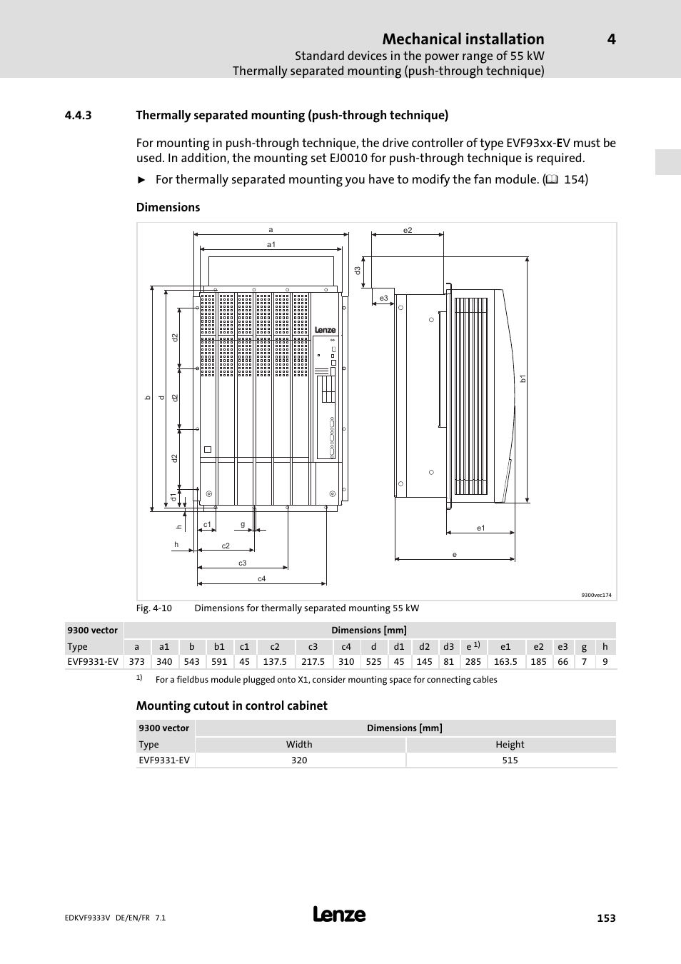 Mechanical installation, Mounting cutout in control cabinet | Lenze EVF9333 User Manual | Page 153 / 324