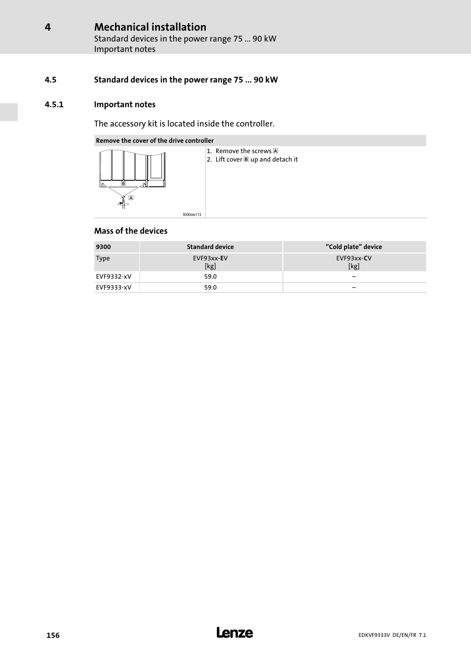 Standard devices in the power range 75 kw, Important notes, Mechanical installation | Lenze EVF9333 User Manual | Page 156 / 324