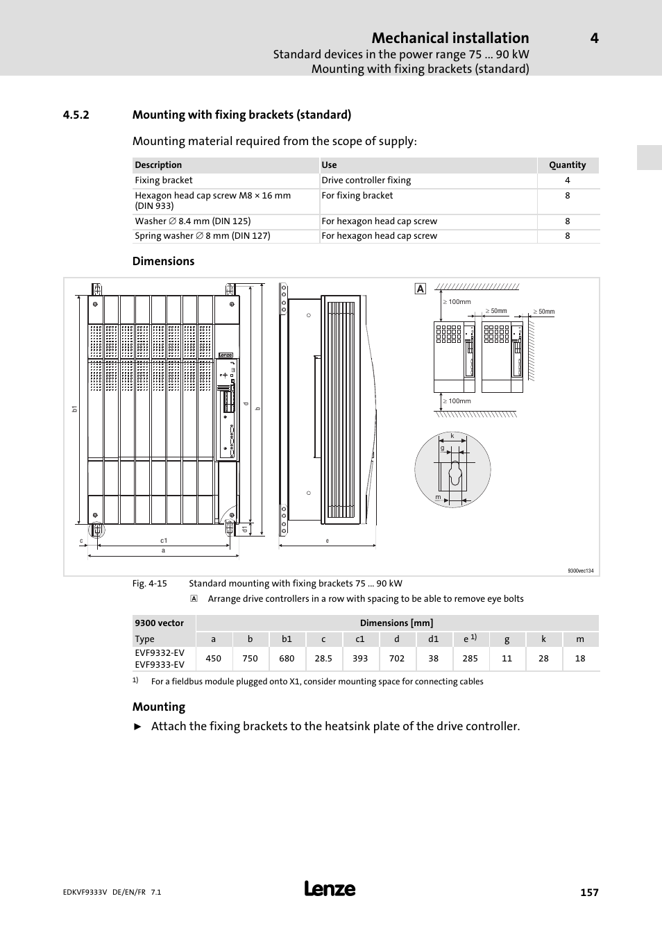 Mounting with fixing brackets (standard), Mechanical installation, Dimensions | Mounting | Lenze EVF9333 User Manual | Page 157 / 324