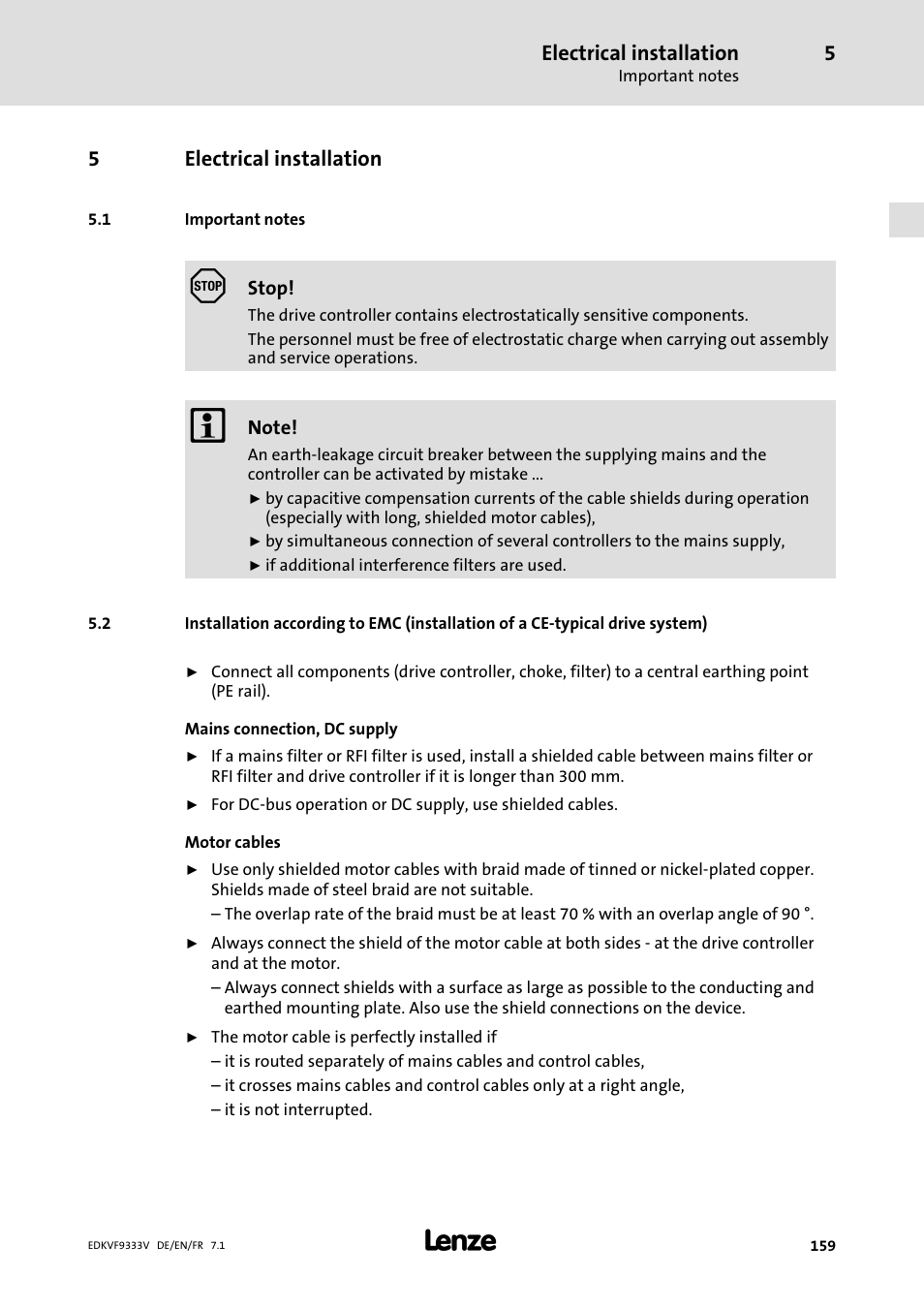 Electrical installation, Important notes | Lenze EVF9333 User Manual | Page 159 / 324