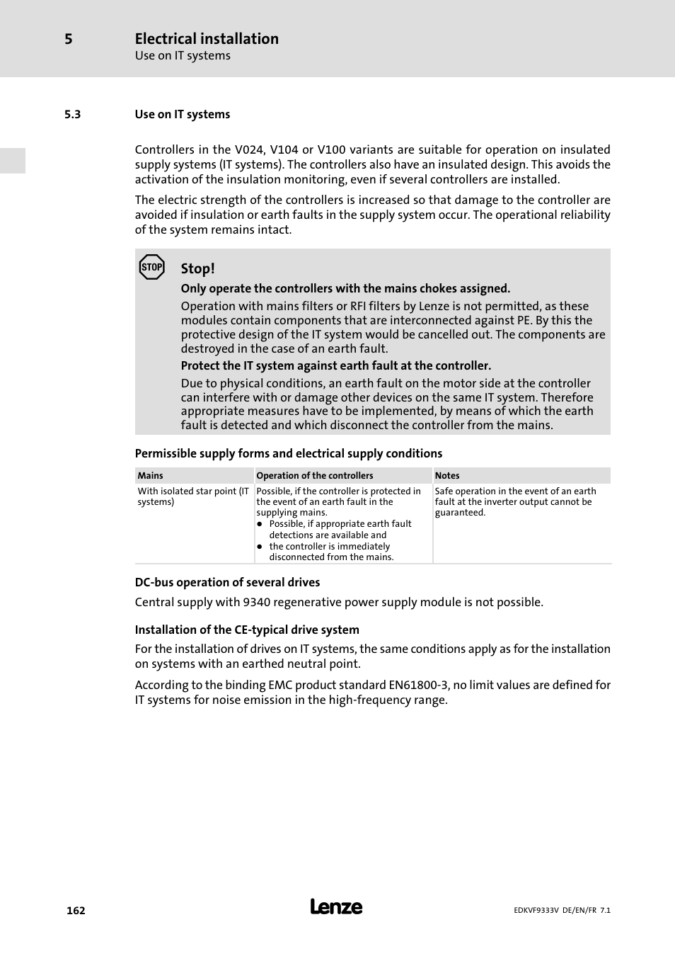 Use on it systems, Electrical installation | Lenze EVF9333 User Manual | Page 162 / 324