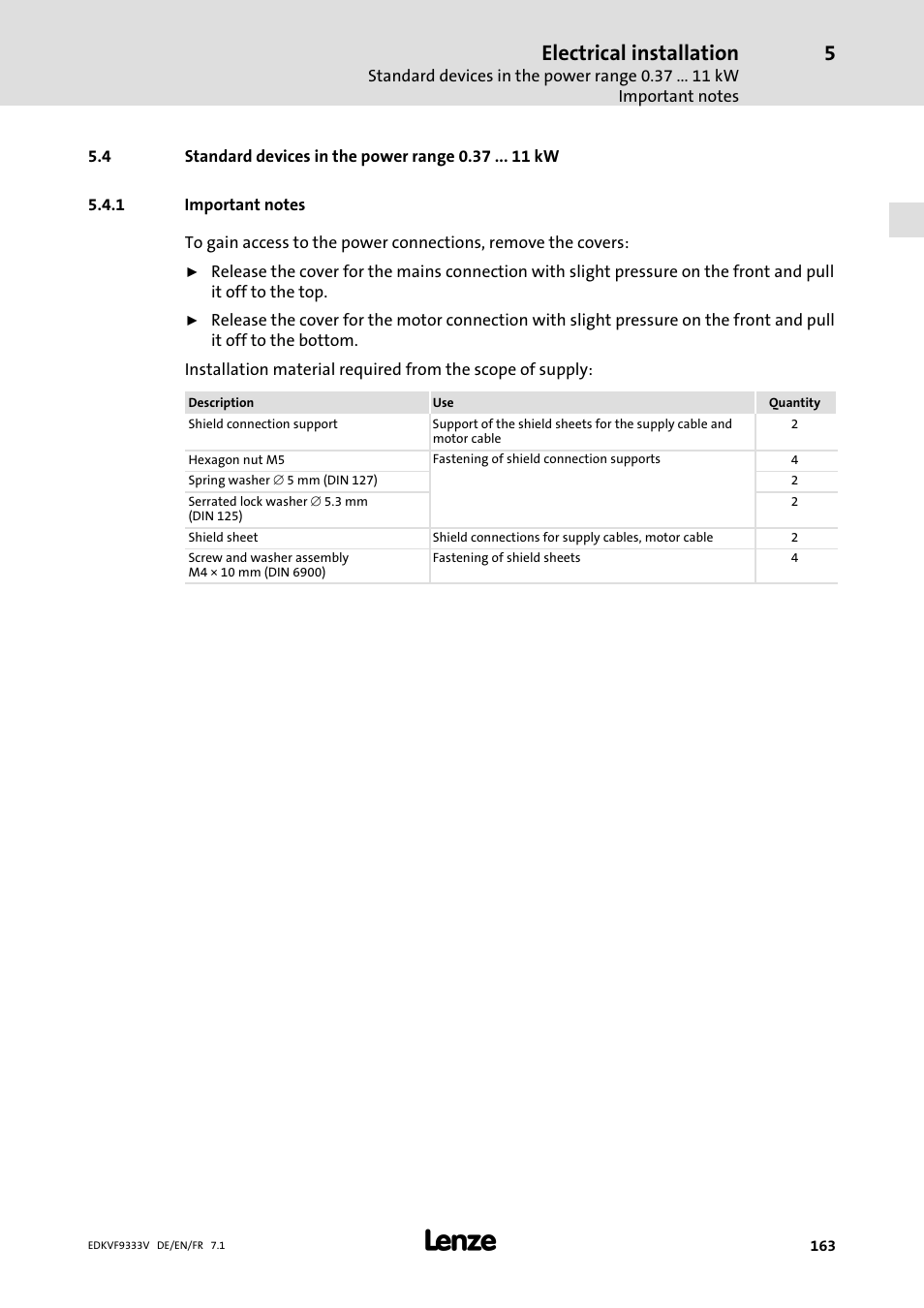 Standard devices in the power range 0.37 kw, Important notes, Electrical installation | Lenze EVF9333 User Manual | Page 163 / 324