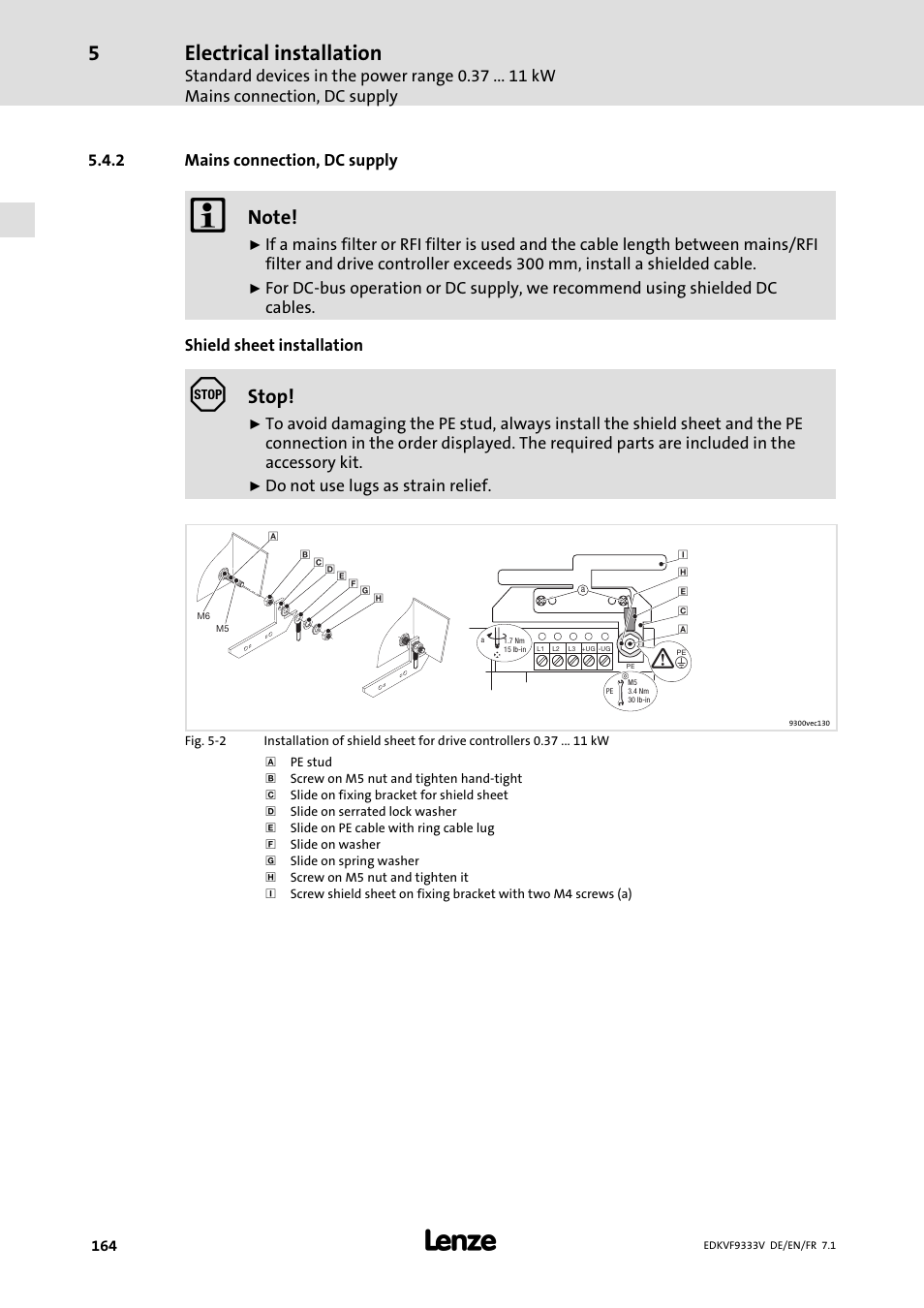 Mains connection, dc supply, Electrical installation, Stop | Lenze EVF9333 User Manual | Page 164 / 324