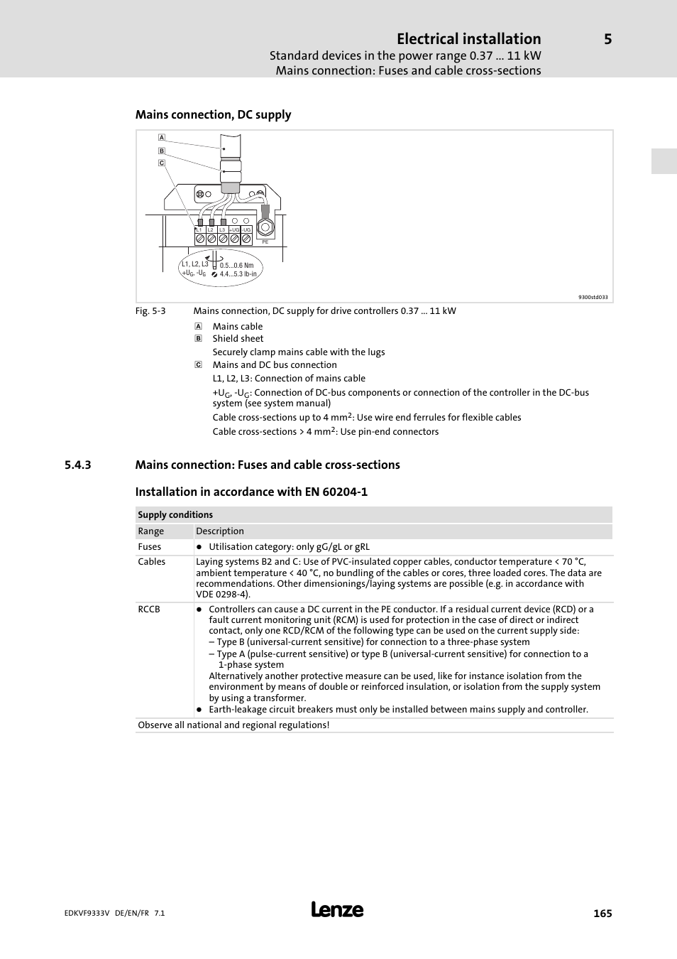 Mains connection: fuses and cable cross-sections, Mains connection: fuses and cable cross−sections, Electrical installation | Lenze EVF9333 User Manual | Page 165 / 324