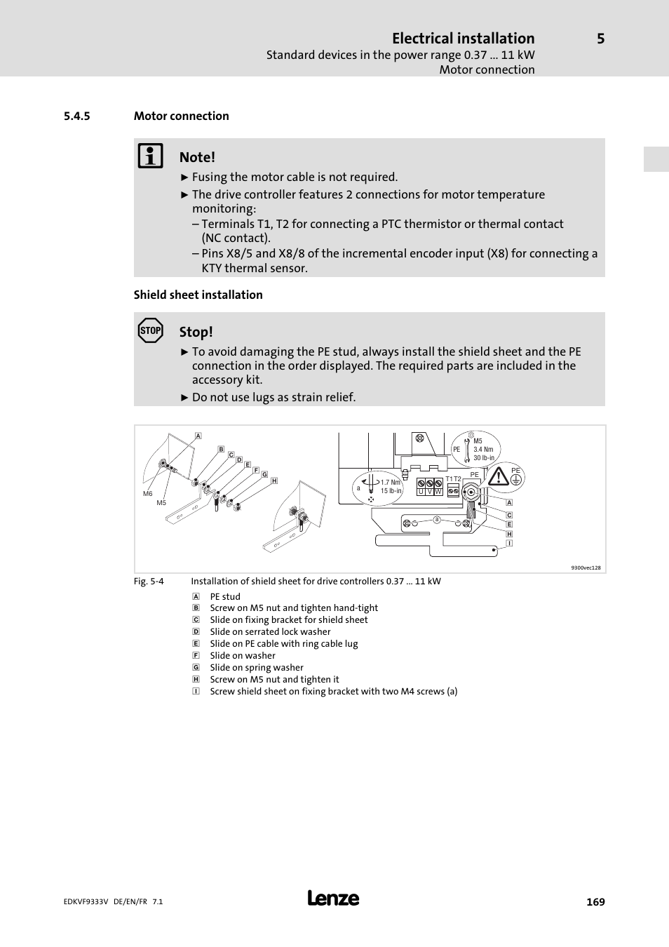 Motor connection, Electrical installation, Stop | Lenze EVF9333 User Manual | Page 169 / 324