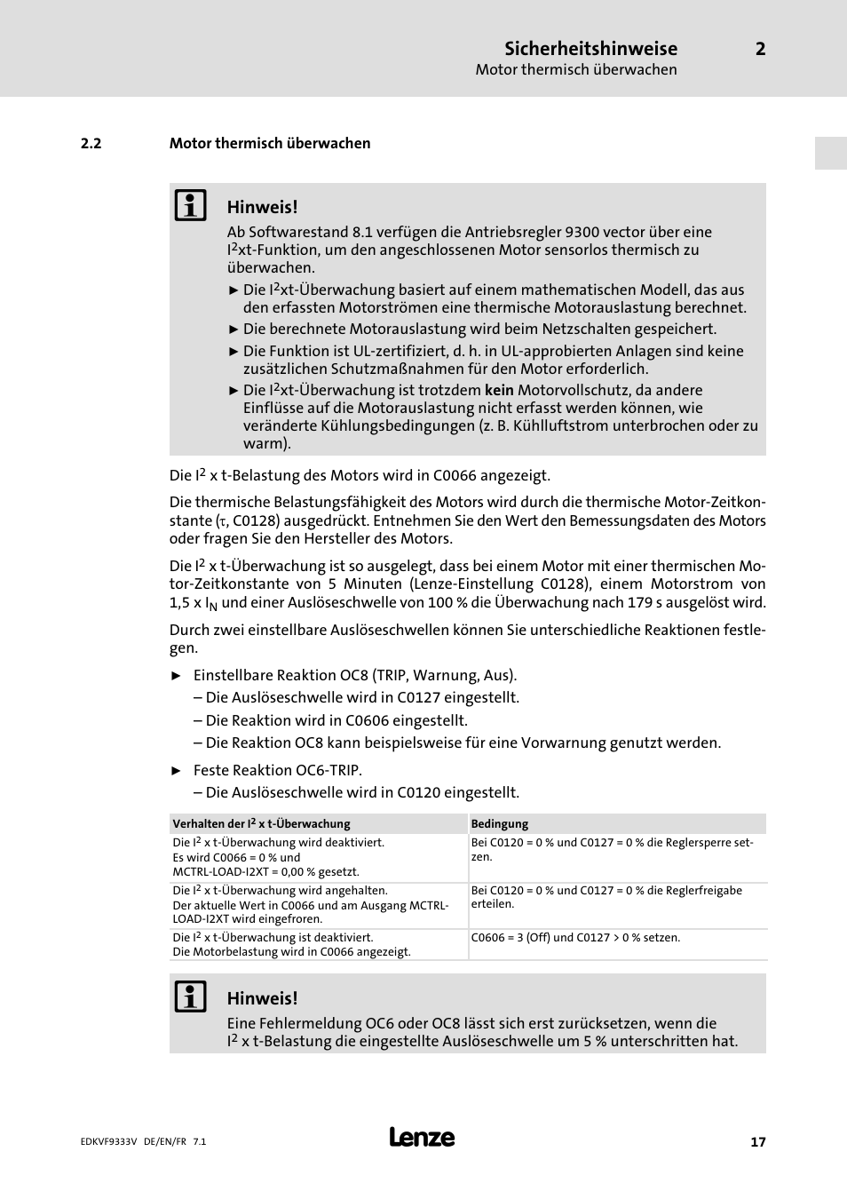 Motor thermisch überwachen, Sicherheitshinweise, Hinweis | Lenze EVF9333 User Manual | Page 17 / 324