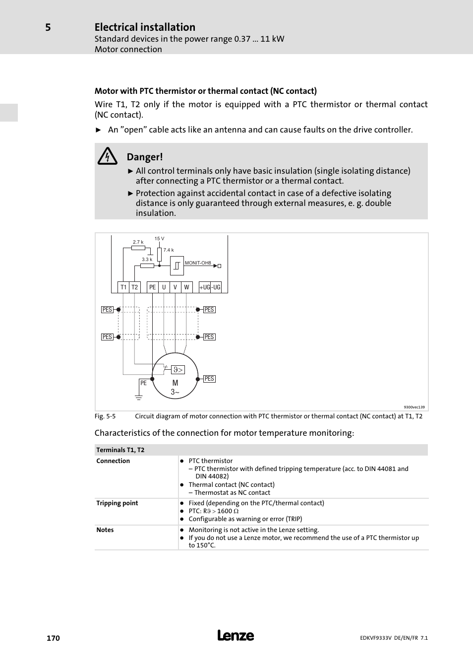 Electrical installation, Danger | Lenze EVF9333 User Manual | Page 170 / 324