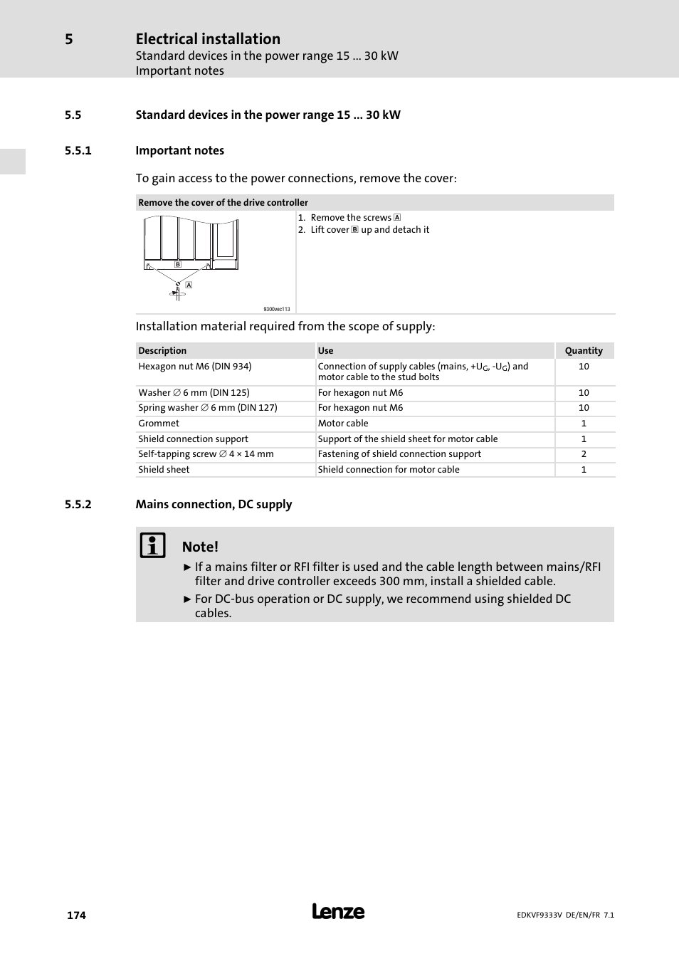 Standard devices in the power range 15 kw, Important notes, Mains connection, dc supply | Electrical installation | Lenze EVF9333 User Manual | Page 174 / 324