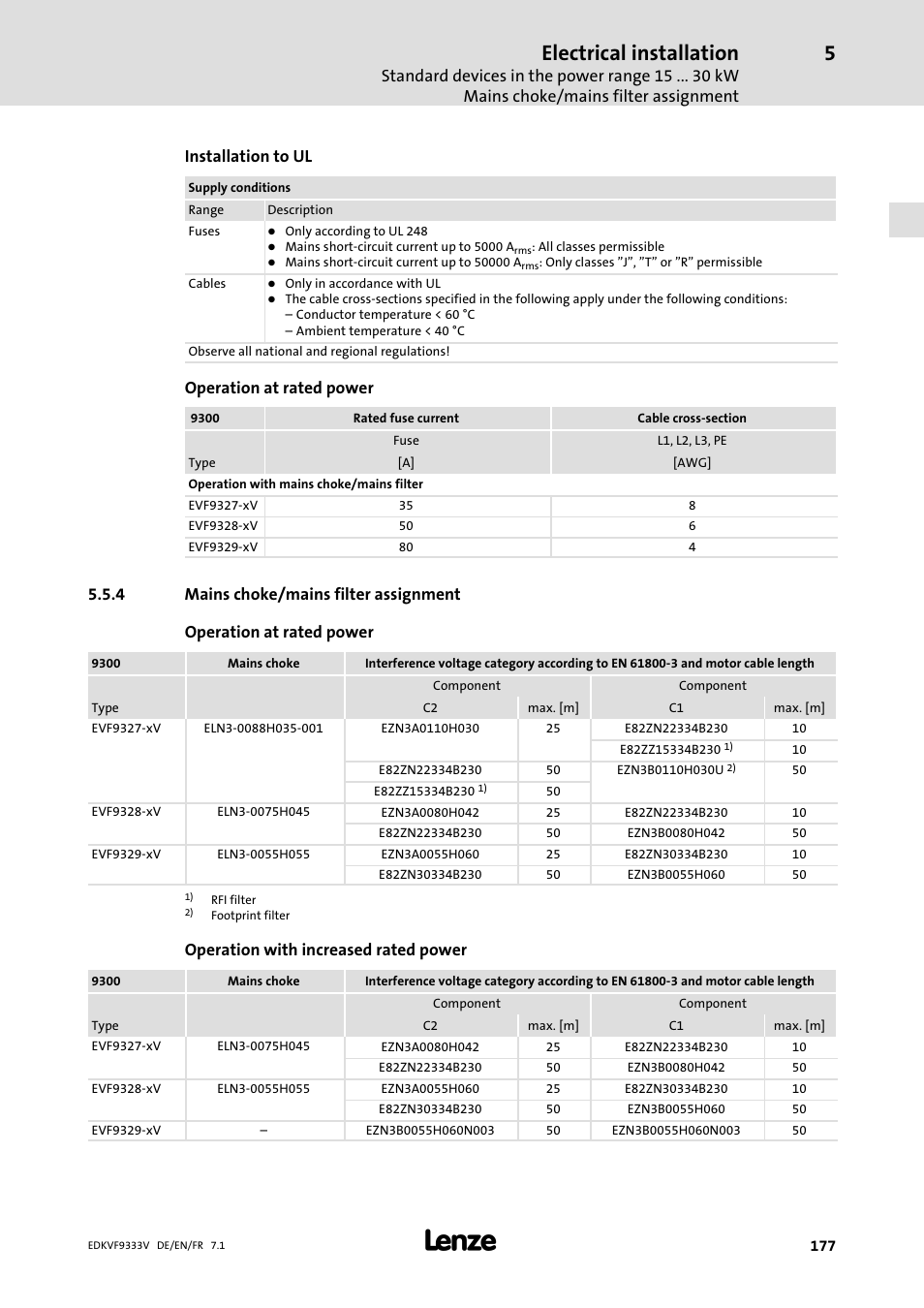 Mains choke/mains filter assignment, Electrical installation, Installation to ul | Operation at rated power, Operation with increased rated power | Lenze EVF9333 User Manual | Page 177 / 324