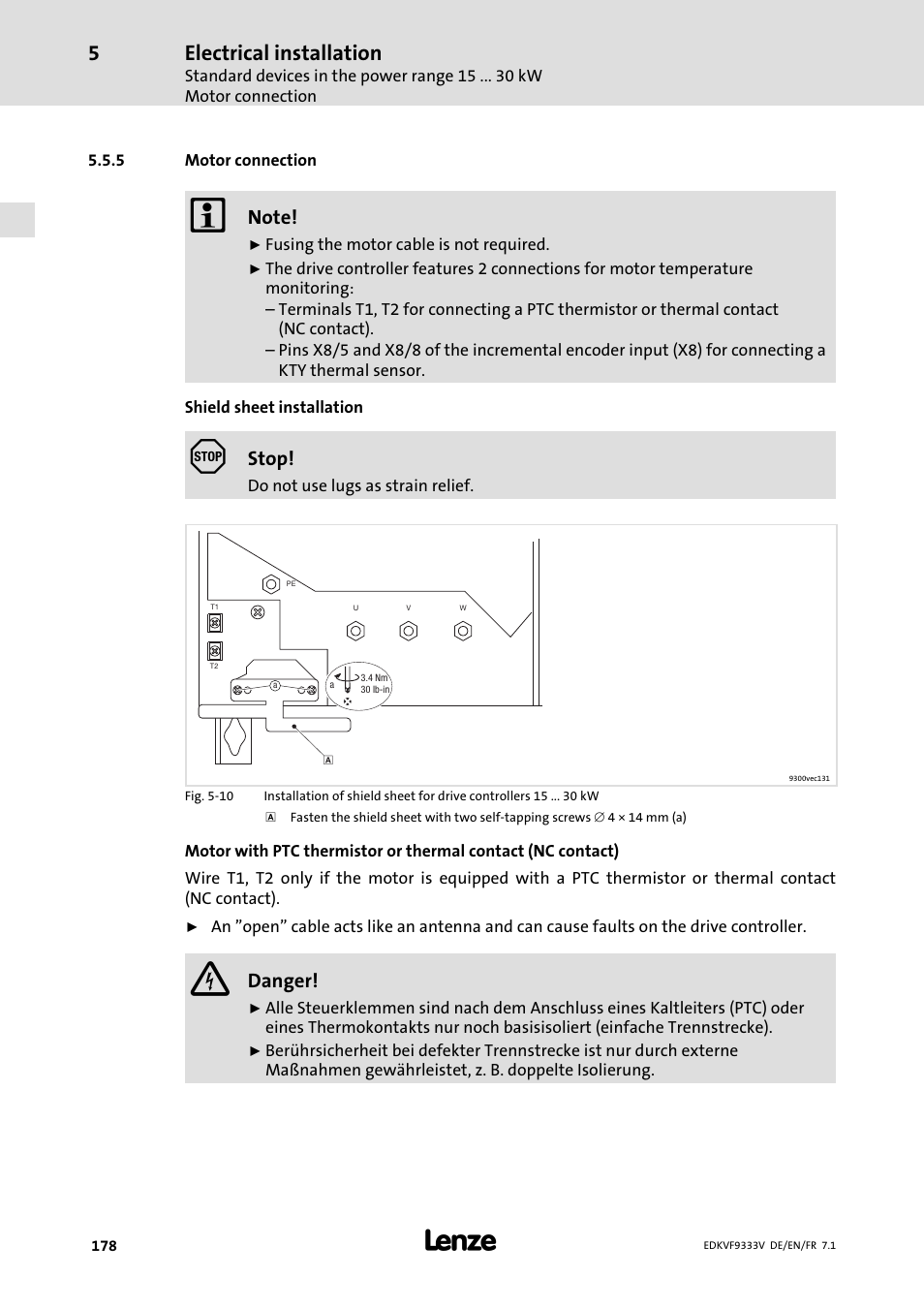 Motor connection, Electrical installation, Stop | Danger | Lenze EVF9333 User Manual | Page 178 / 324