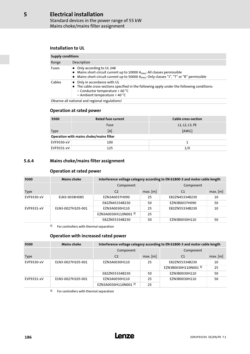 Mains choke/mains filter assignment, Electrical installation, Installation to ul | Operation at rated power, Operation with increased rated power | Lenze EVF9333 User Manual | Page 186 / 324