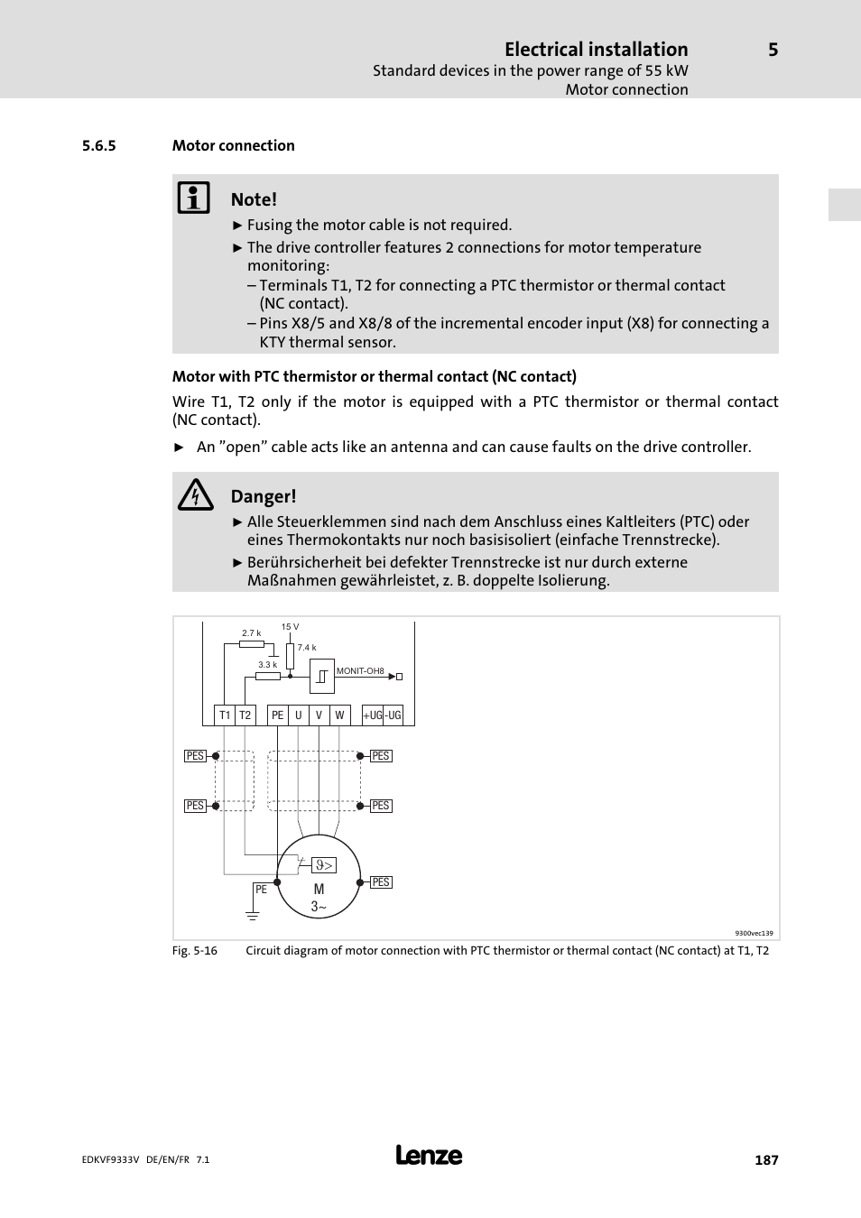 Motor connection, Electrical installation, Danger | Lenze EVF9333 User Manual | Page 187 / 324
