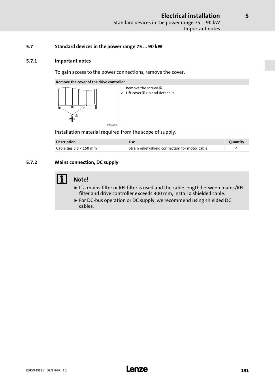 Standard devices in the power range 75 kw, Important notes, Mains connection, dc supply | Electrical installation | Lenze EVF9333 User Manual | Page 191 / 324