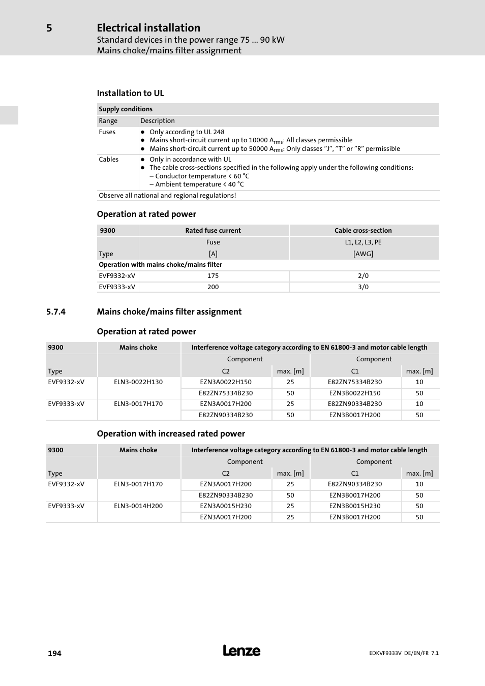Mains choke/mains filter assignment, Electrical installation | Lenze EVF9333 User Manual | Page 194 / 324