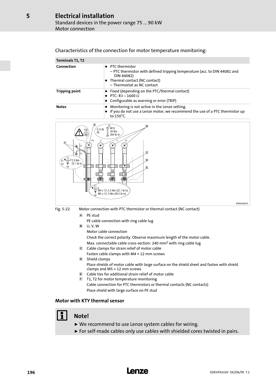 Electrical installation, Motor with kty thermal sensor, We recommend to use lenze system cables for wiring | Lenze EVF9333 User Manual | Page 196 / 324