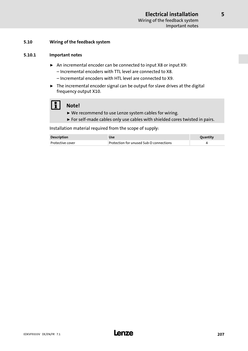 Wiring of the feedback system, Important notes, 10 wiring of the feedback system | Electrical installation | Lenze EVF9333 User Manual | Page 207 / 324