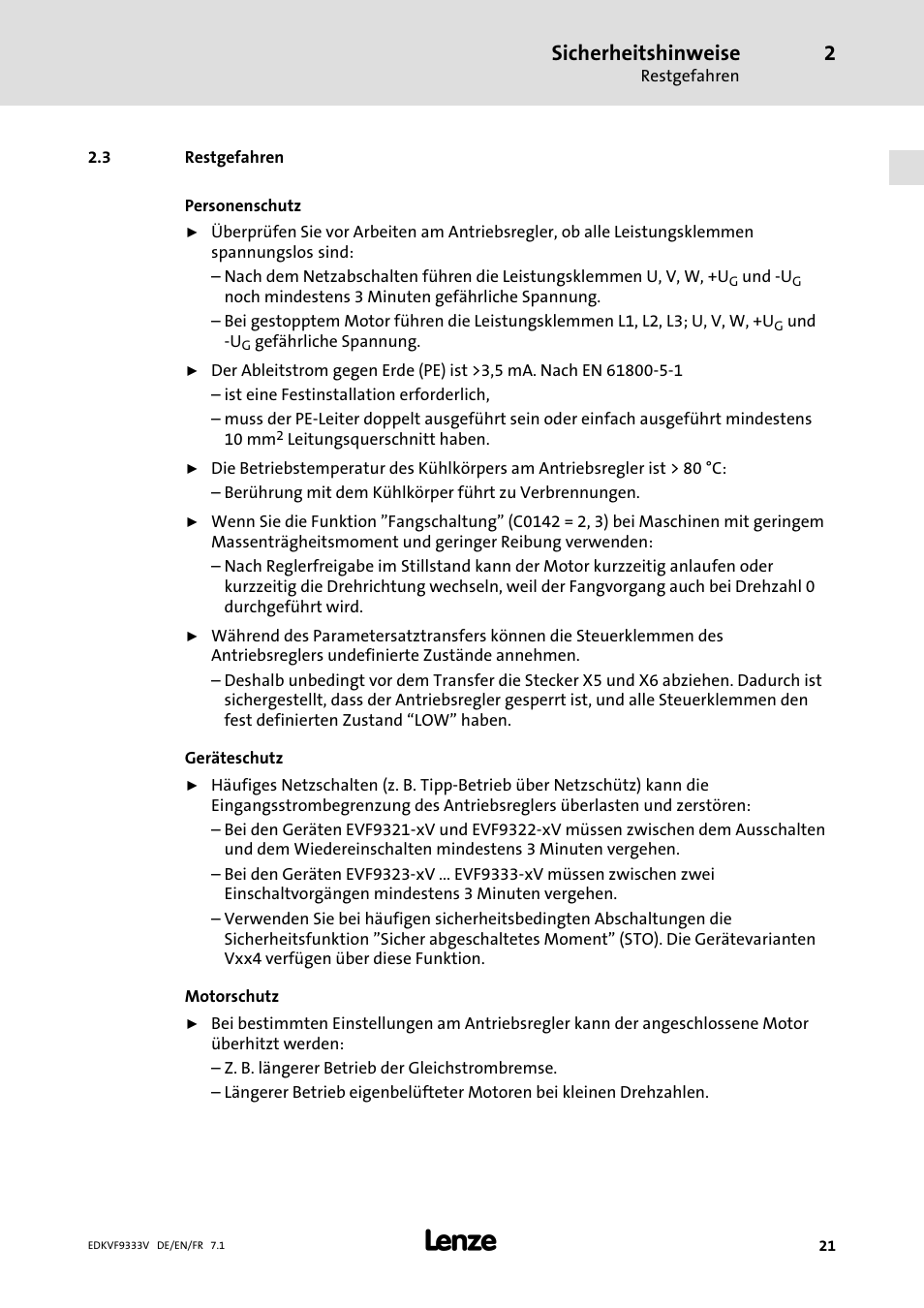 Restgefahren, Sicherheitshinweise | Lenze EVF9333 User Manual | Page 21 / 324