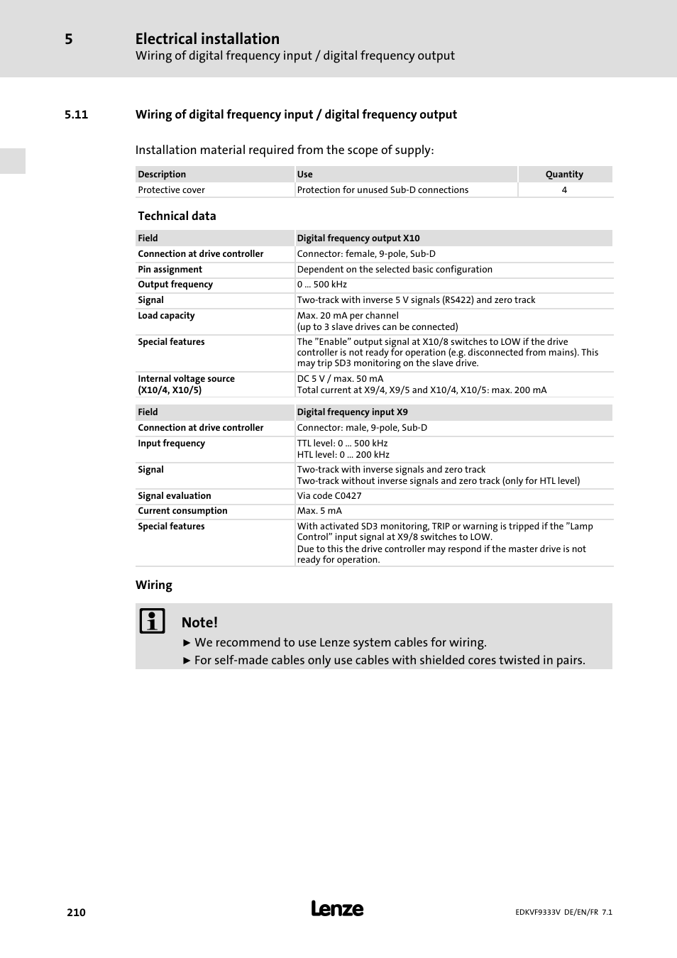Electrical installation | Lenze EVF9333 User Manual | Page 210 / 324