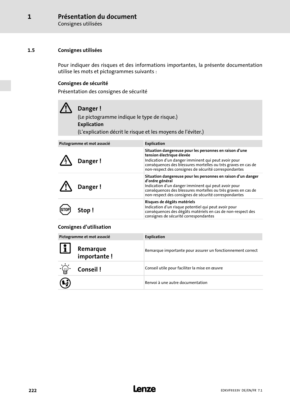 Consignes utilisées | Lenze EVF9333 User Manual | Page 222 / 324
