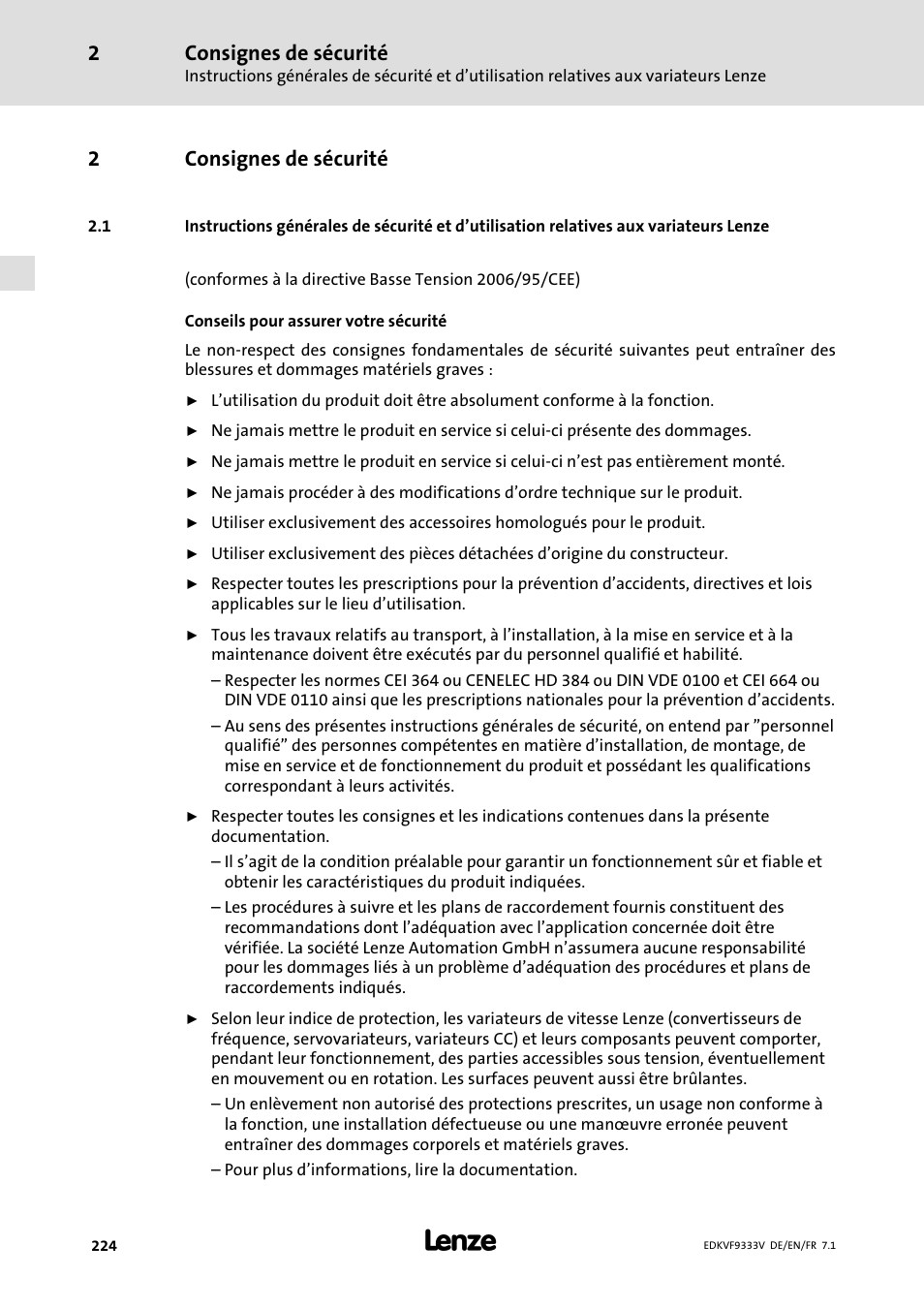 Consignes de sécurité, 2consignes de sécurité | Lenze EVF9333 User Manual | Page 224 / 324