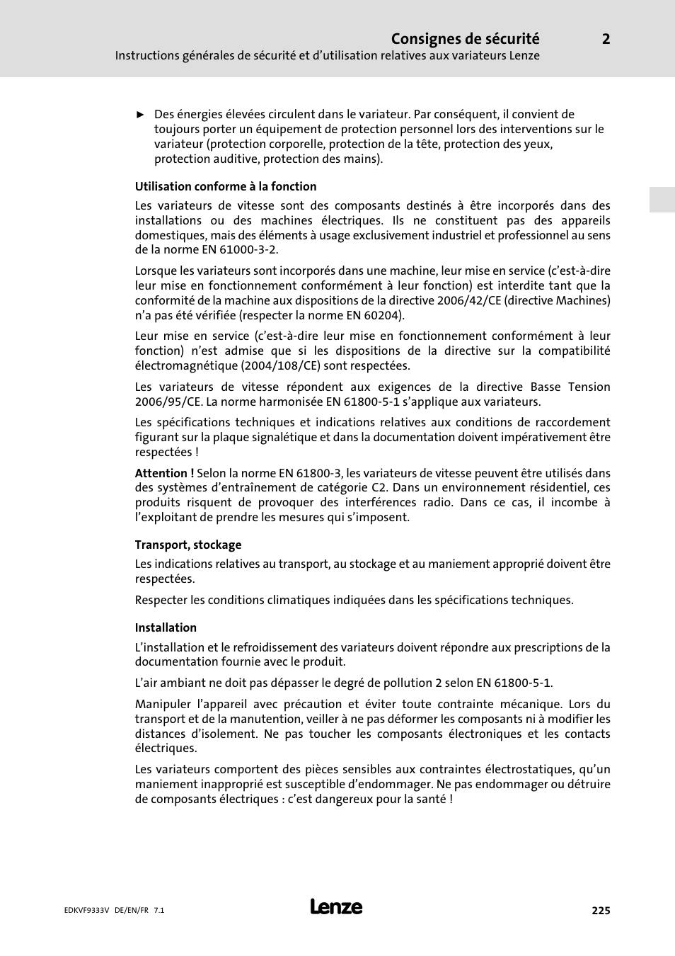 Consignes de sécurité | Lenze EVF9333 User Manual | Page 225 / 324