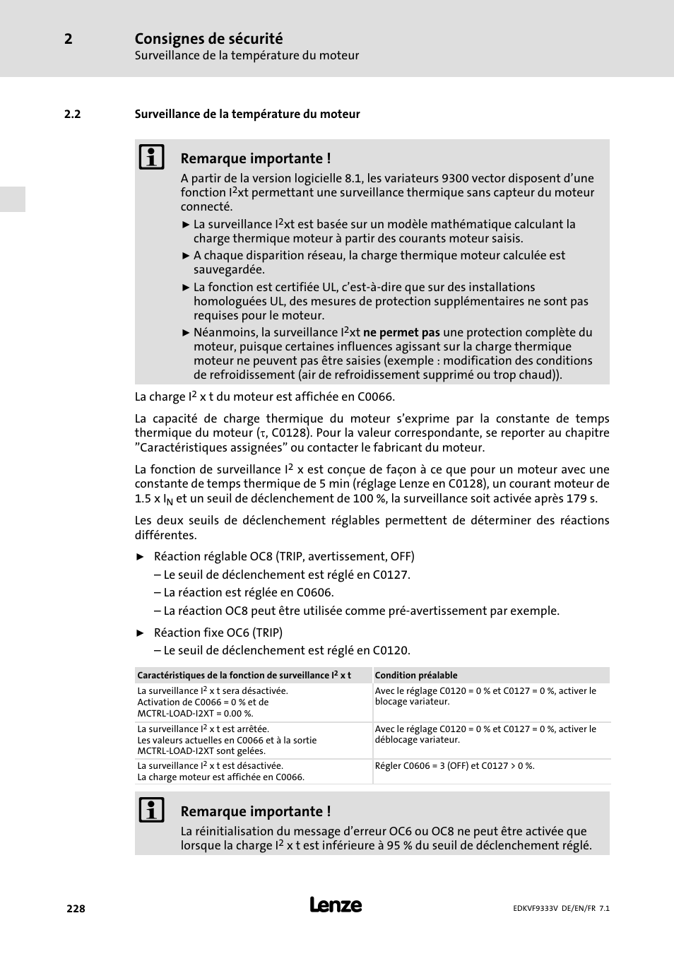 Surveillance de la température du moteur, Consignes de sécurité, Remarque importante | Lenze EVF9333 User Manual | Page 228 / 324