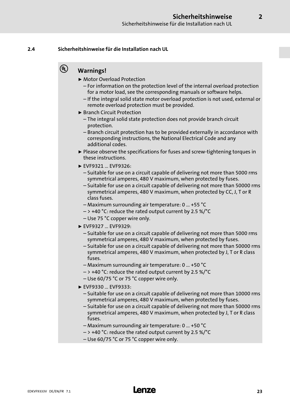 Sicherheitshinweise für die installation nach ul, Sicherheitshinweise | Lenze EVF9333 User Manual | Page 23 / 324