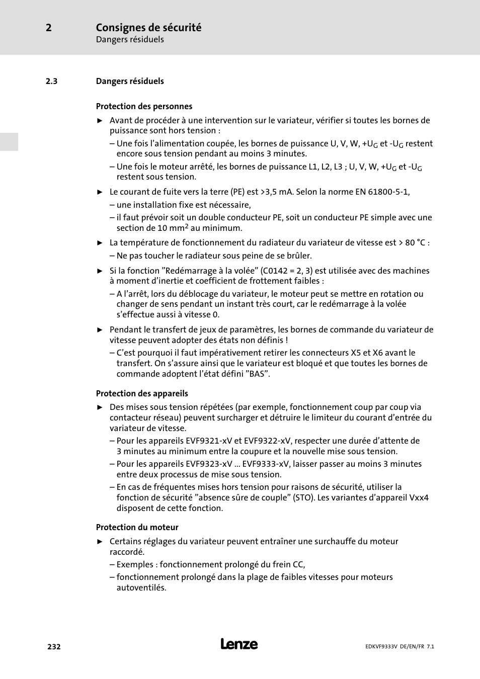 Dangers résiduels, Consignes de sécurité | Lenze EVF9333 User Manual | Page 232 / 324
