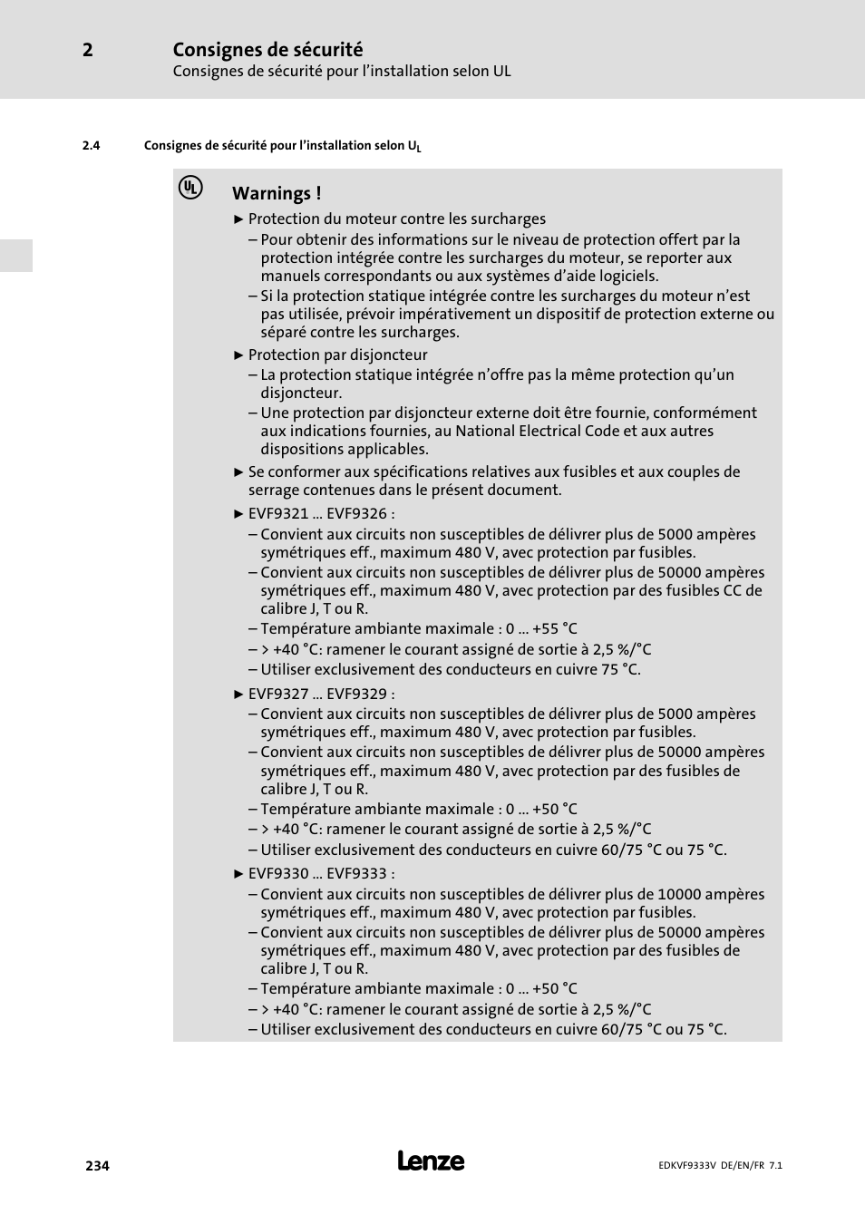 Consignes de sécurité pour l'installation selon ul, Consignes de sécurité pour l’installation selon ul, Consignes de sécurité | Lenze EVF9333 User Manual | Page 234 / 324
